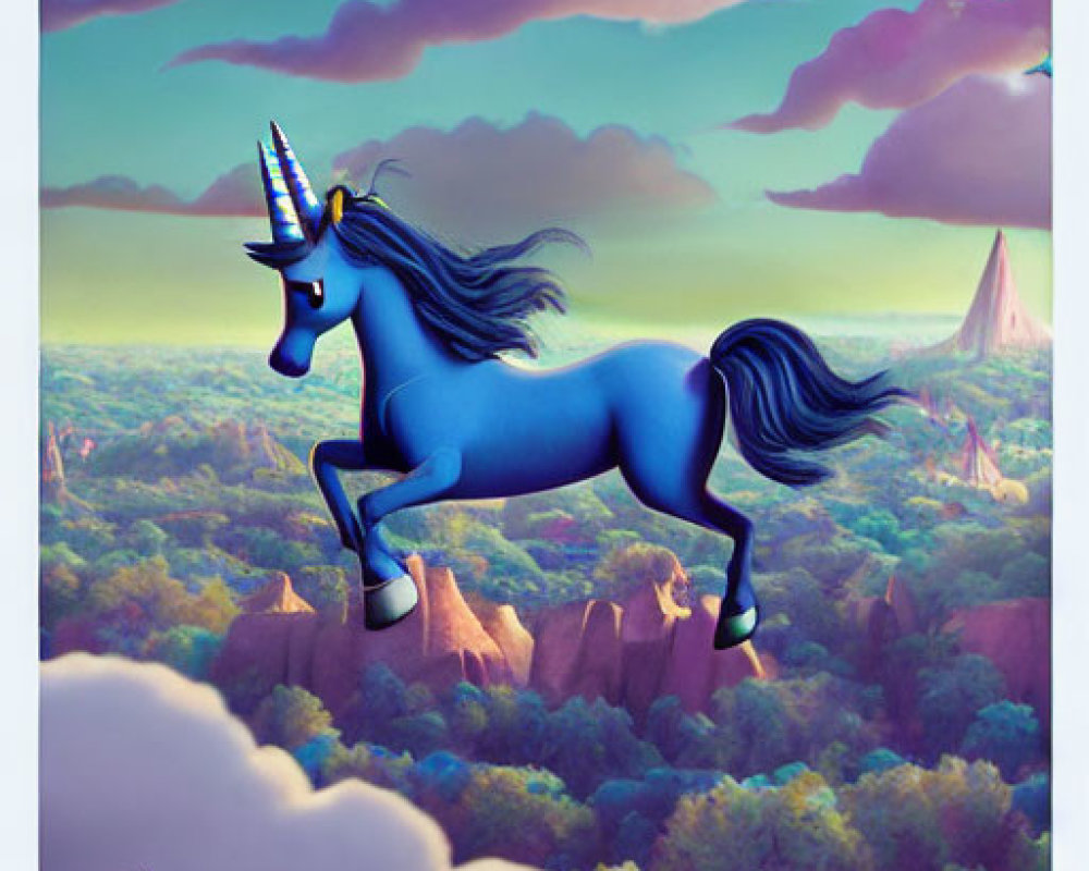 Blue unicorn with flowing mane gallops above colorful forest