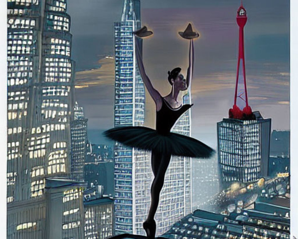 Ballerina posing on skyscraper against cityscape at dusk