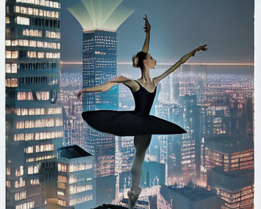 Ballet dancer in tutu on skyscraper ledge at dusk