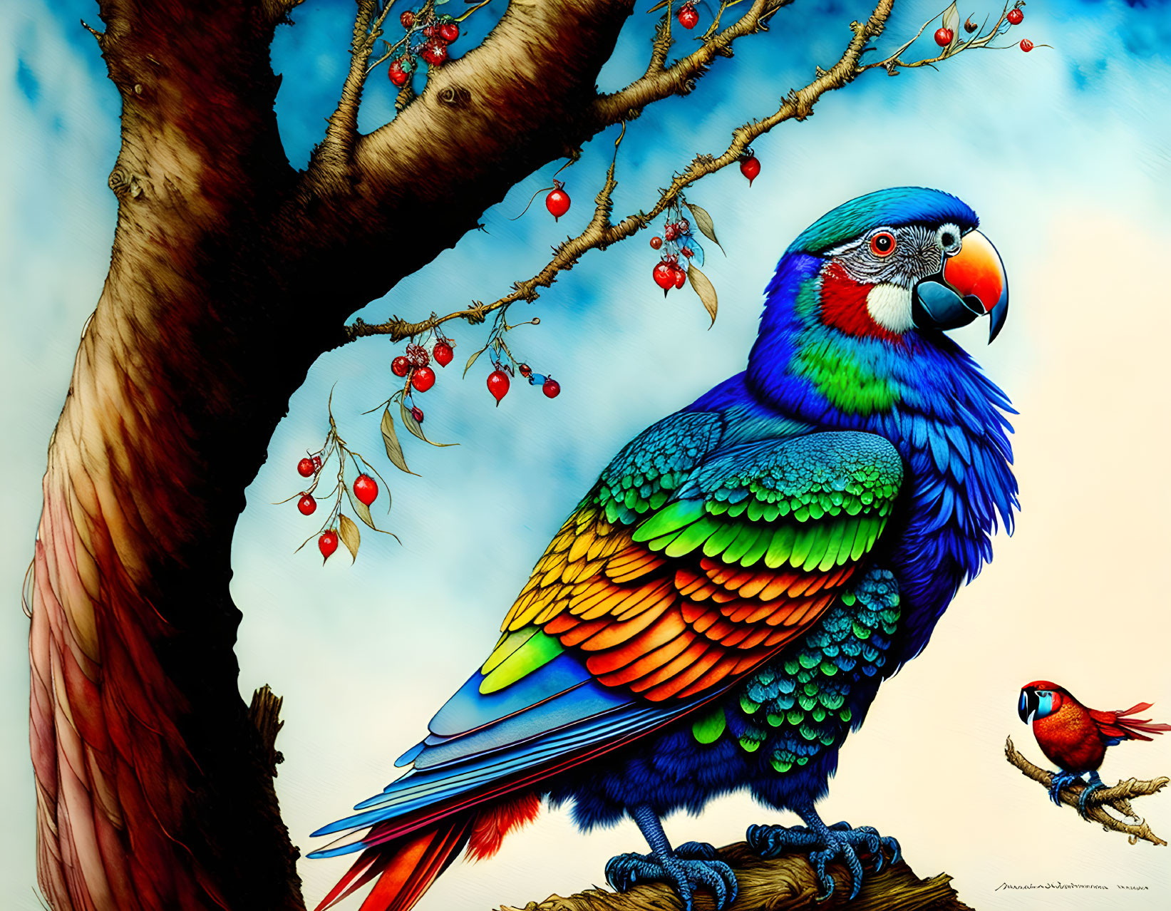 Colorful Parrot Illustration Perched on Branch with Red Bird