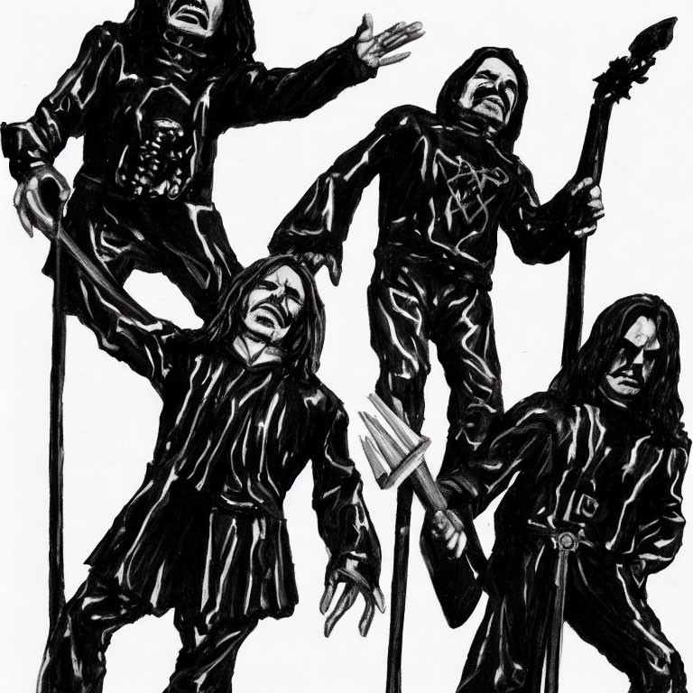 Monochromatic drawing of four male figures in heavy metal attire