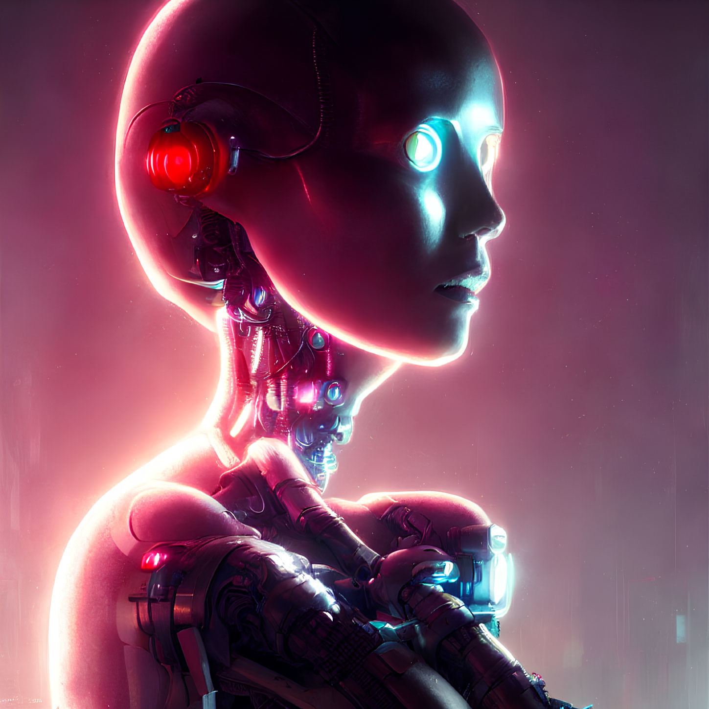 Futuristic robotic being with human-like face on pink background