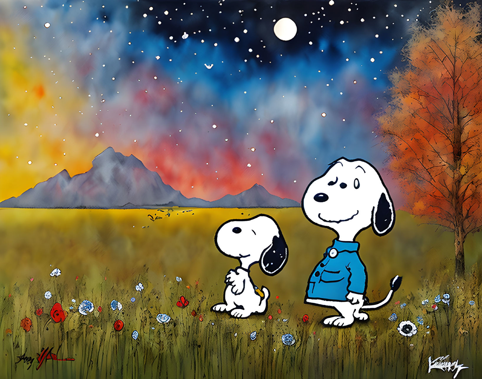 Cartoon dogs in vibrant meadow under starry night sky