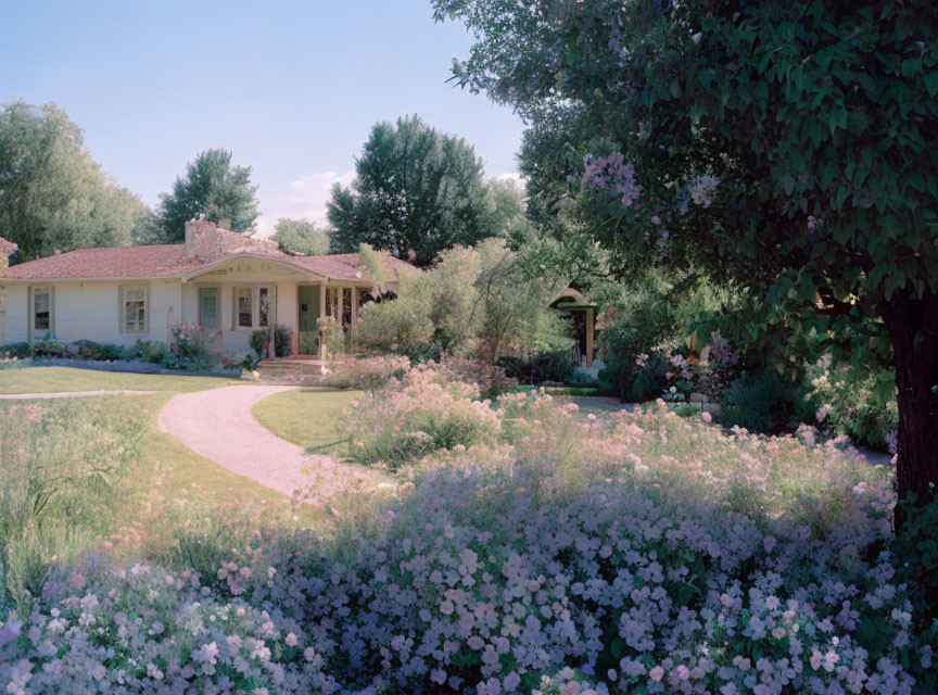 Quaint house with shingled roof in lush garden setting