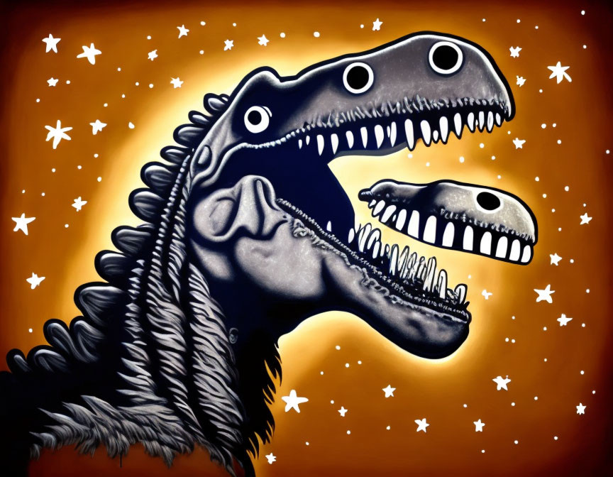 Dual-headed dinosaur illustration on starry amber background