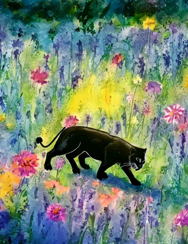 Silhouette of panther in colorful floral meadow under gradient sky