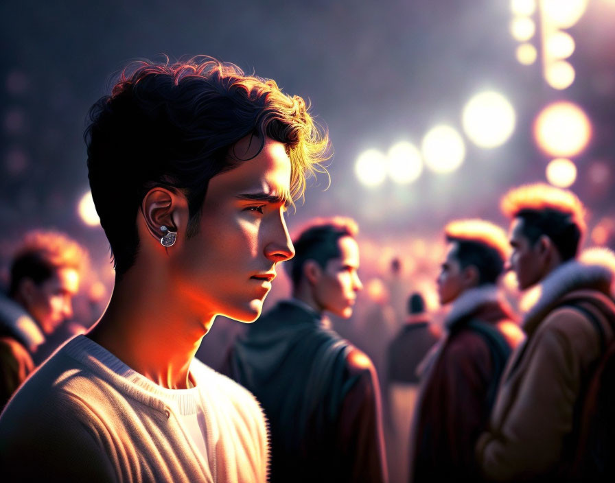 Young man in profile, pensive expression, amidst evening crowd.