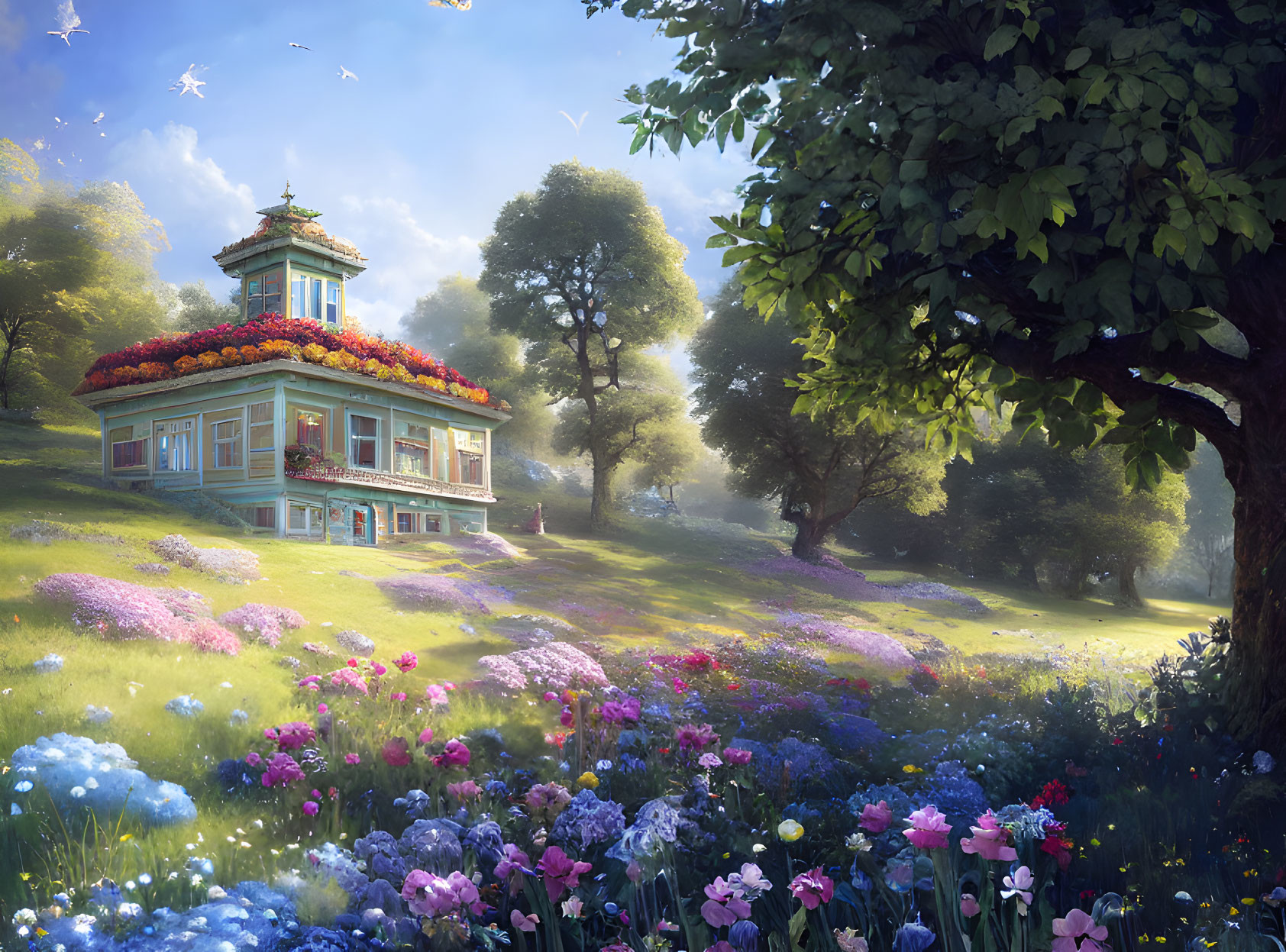 Vibrant flower-covered house in lush meadow with trees and birds