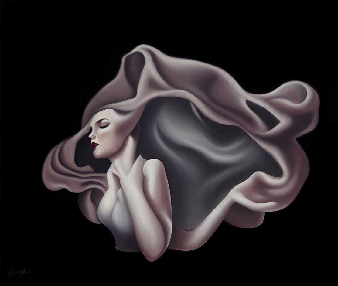 Surreal grayscale image of woman in flowing attire against dark backdrop