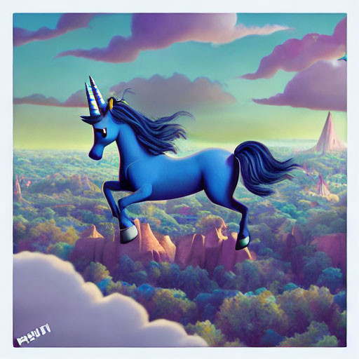 Blue unicorn with flowing mane gallops above colorful forest