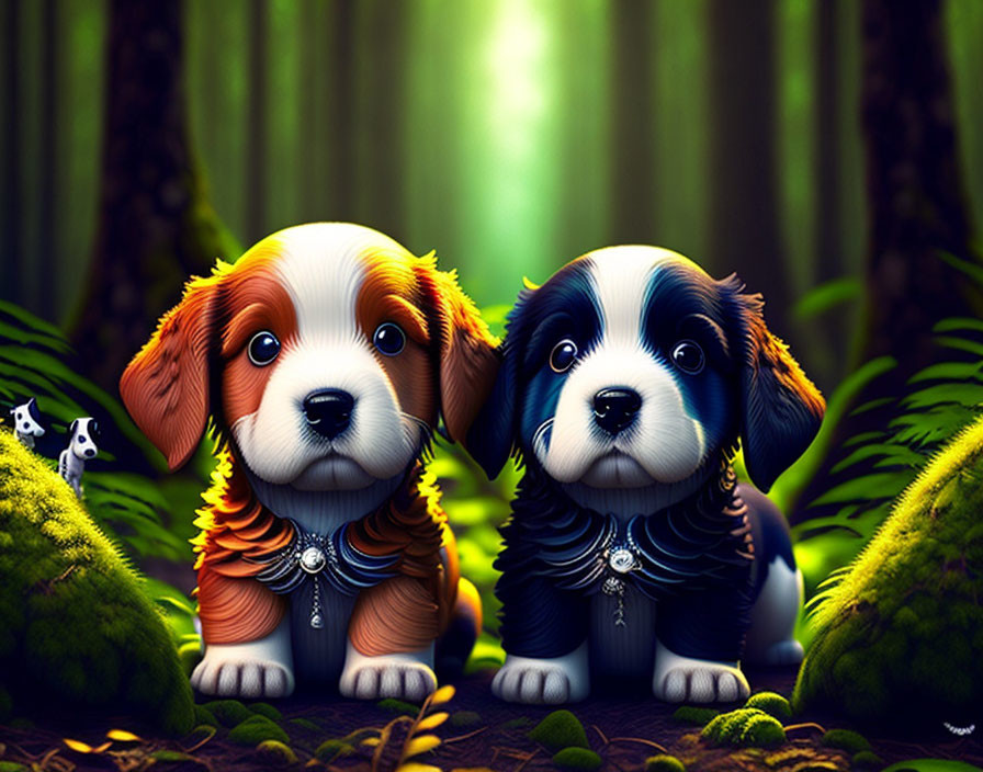 Animated puppies in lush green forest with expressive eyes