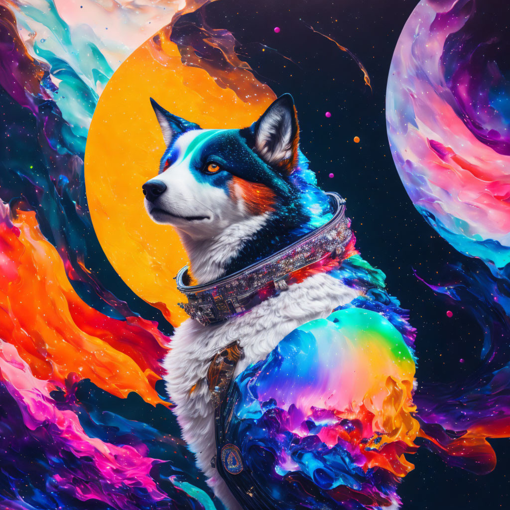 Colorful cosmic digital artwork: Husky in spacesuit collar amid swirling nebulas.