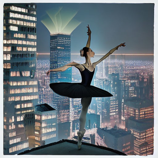 Ballet dancer in tutu on skyscraper ledge at dusk