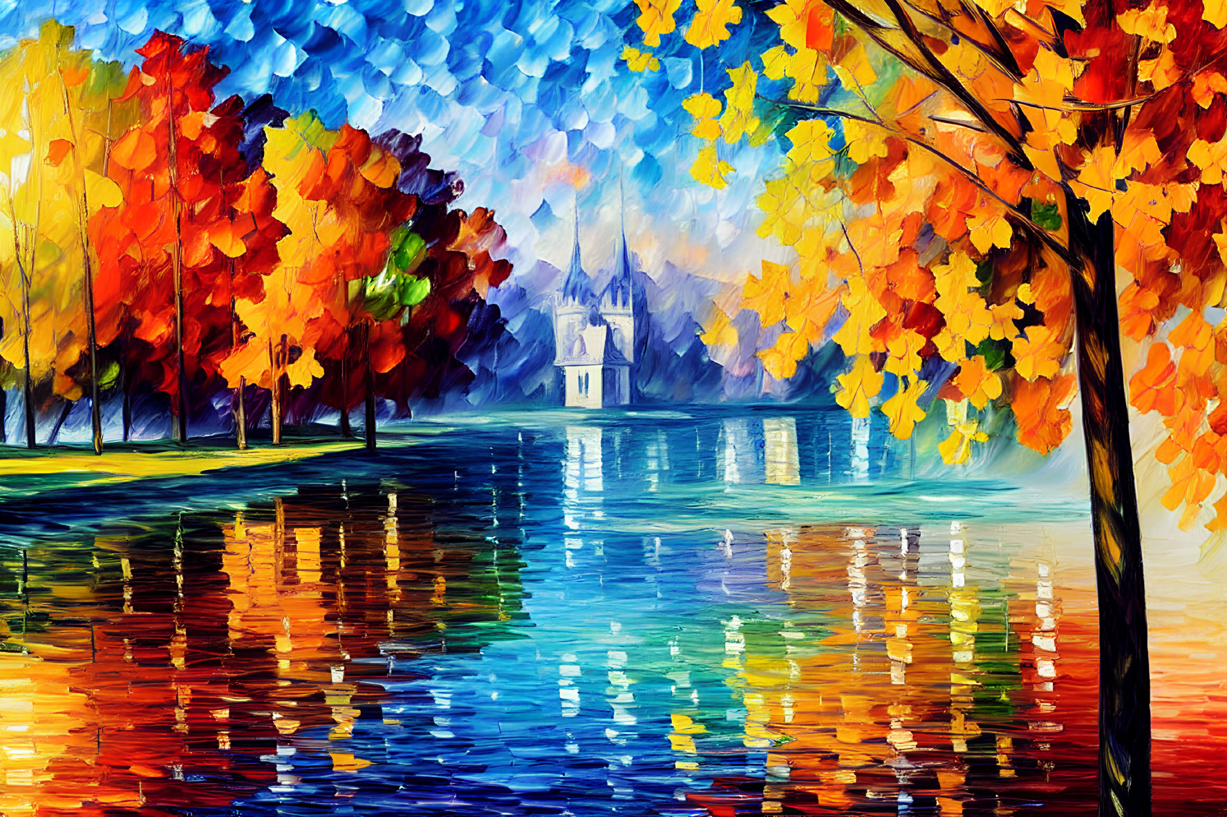 Colorful Autumn Trees Reflecting in Lake with Castle