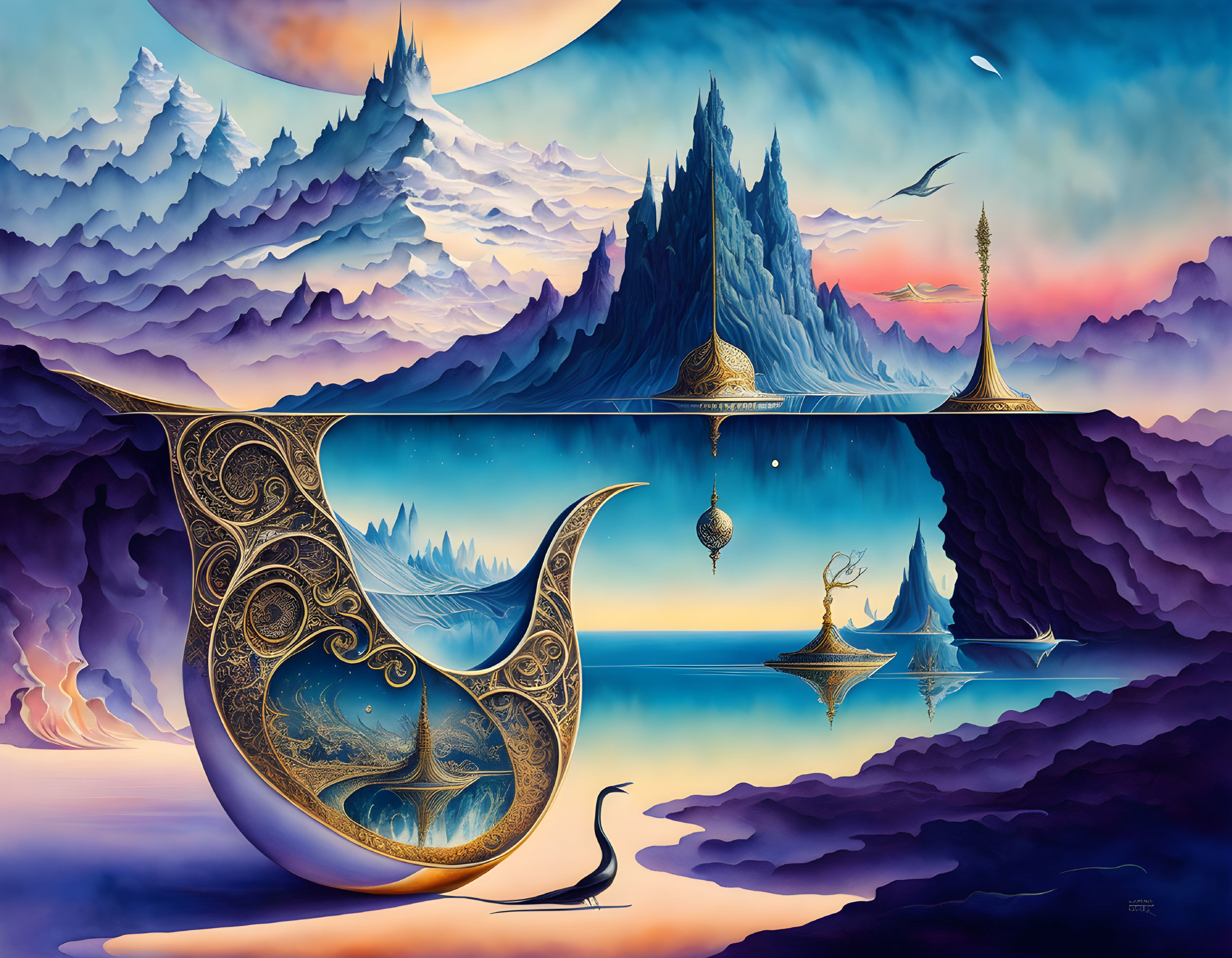 Surreal landscape with ornate boats, mountains, and reflective scenery