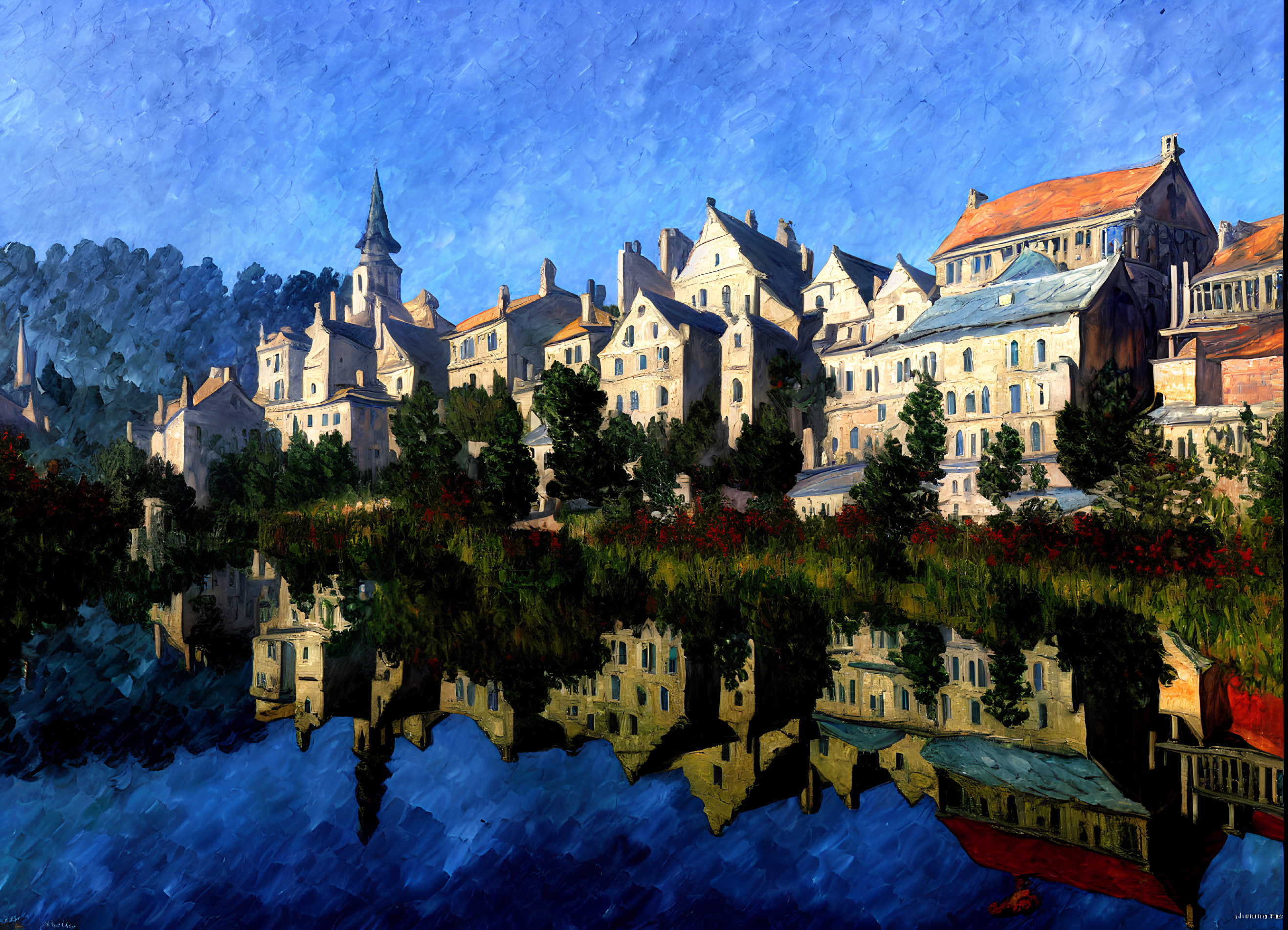 Impressionistic painting of quaint European village with historic buildings and church by calm river