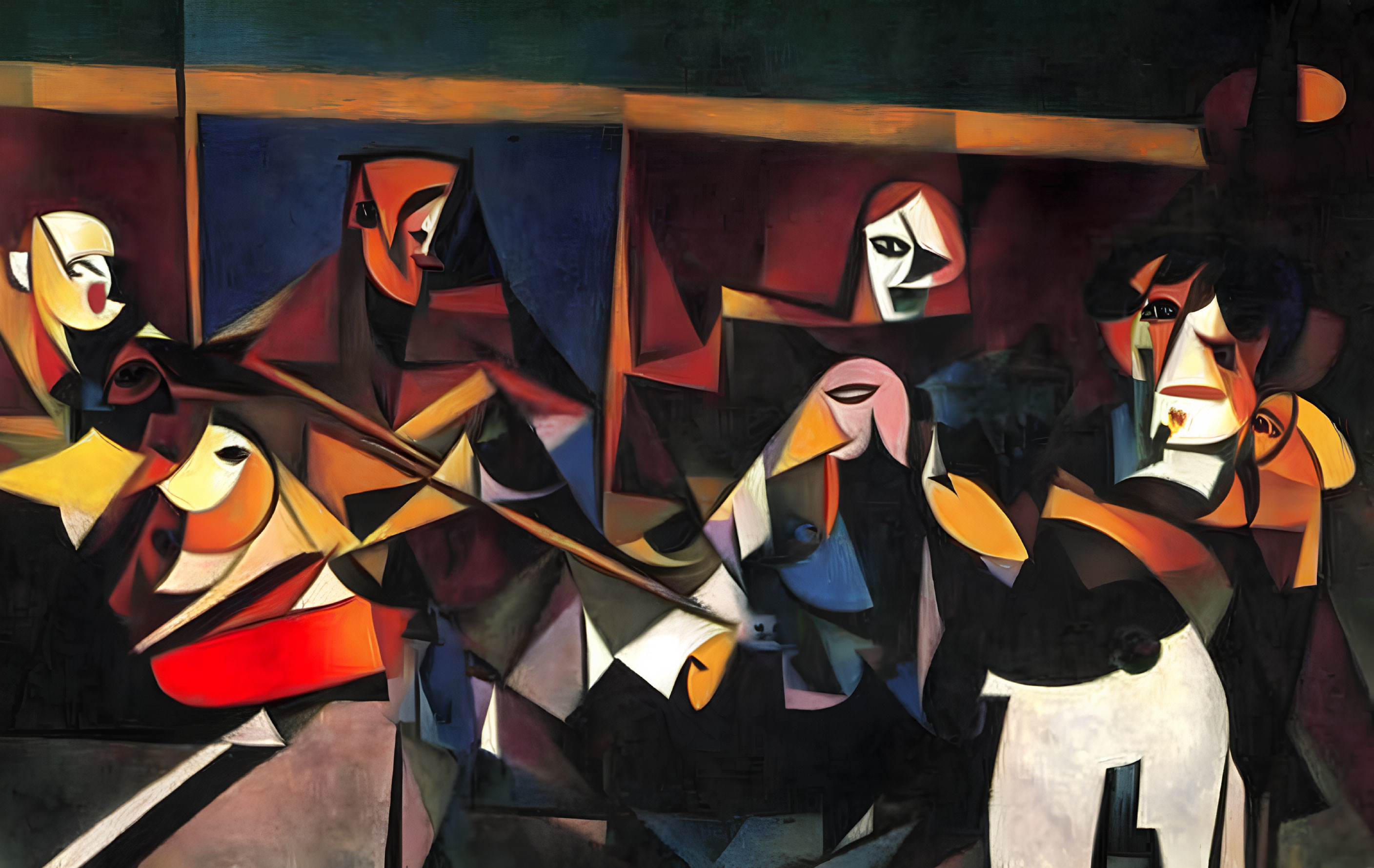 Cubist Painting of Figures in Geometric Shapes