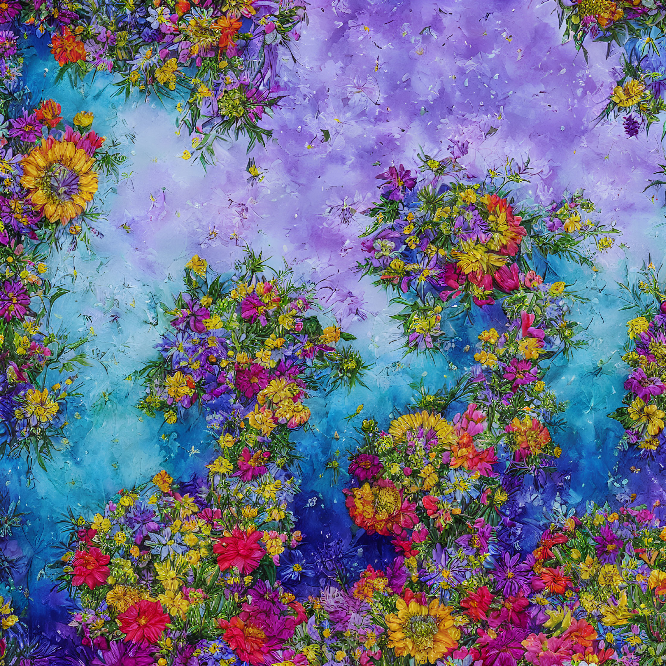 Colorful Abstract Painting with Flower Clusters on Textured Background