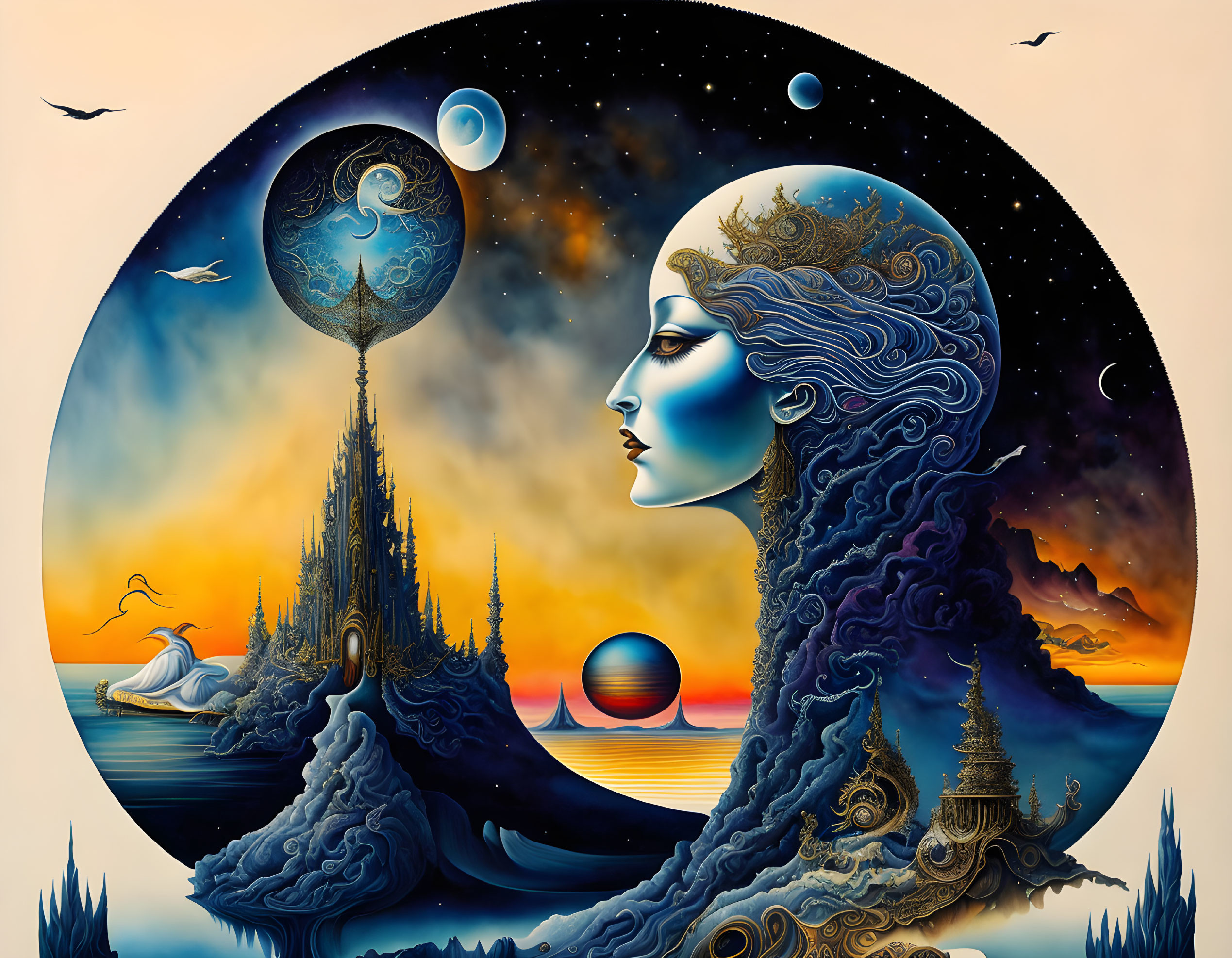 Surreal cosmic and oceanic themed woman's profile illustration