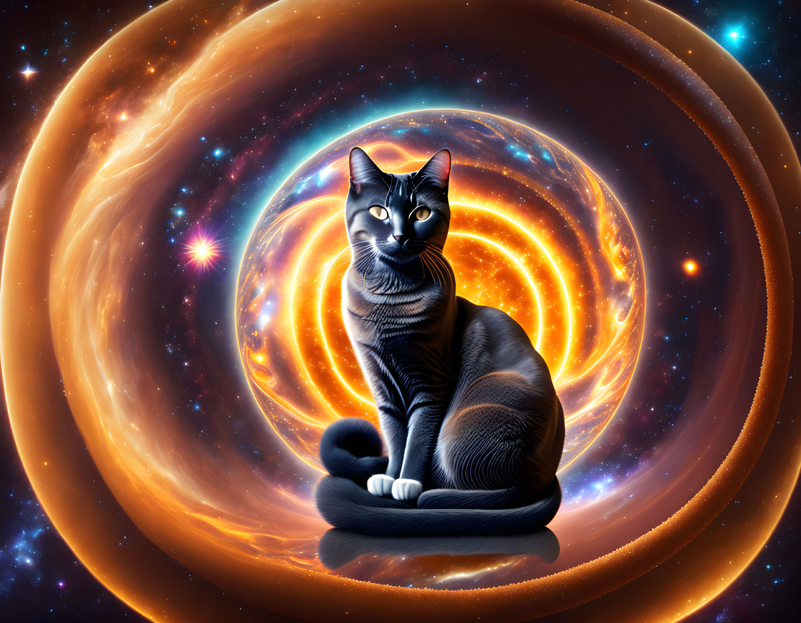 Black cat against swirling galaxy backdrop exudes mystical charm