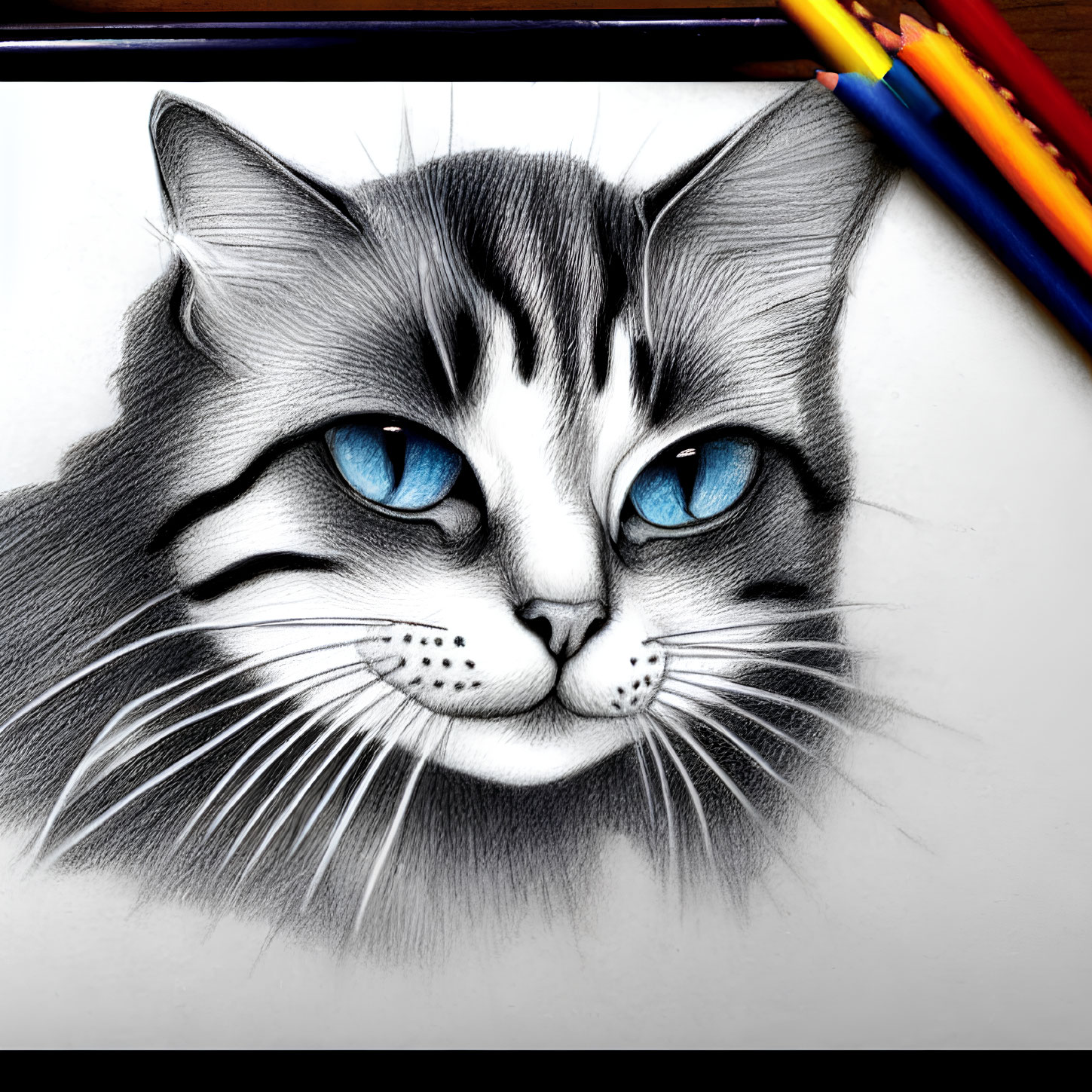 Detailed pencil sketch of a cat with blue eyes and whiskers on white background, surrounded by colored pencils