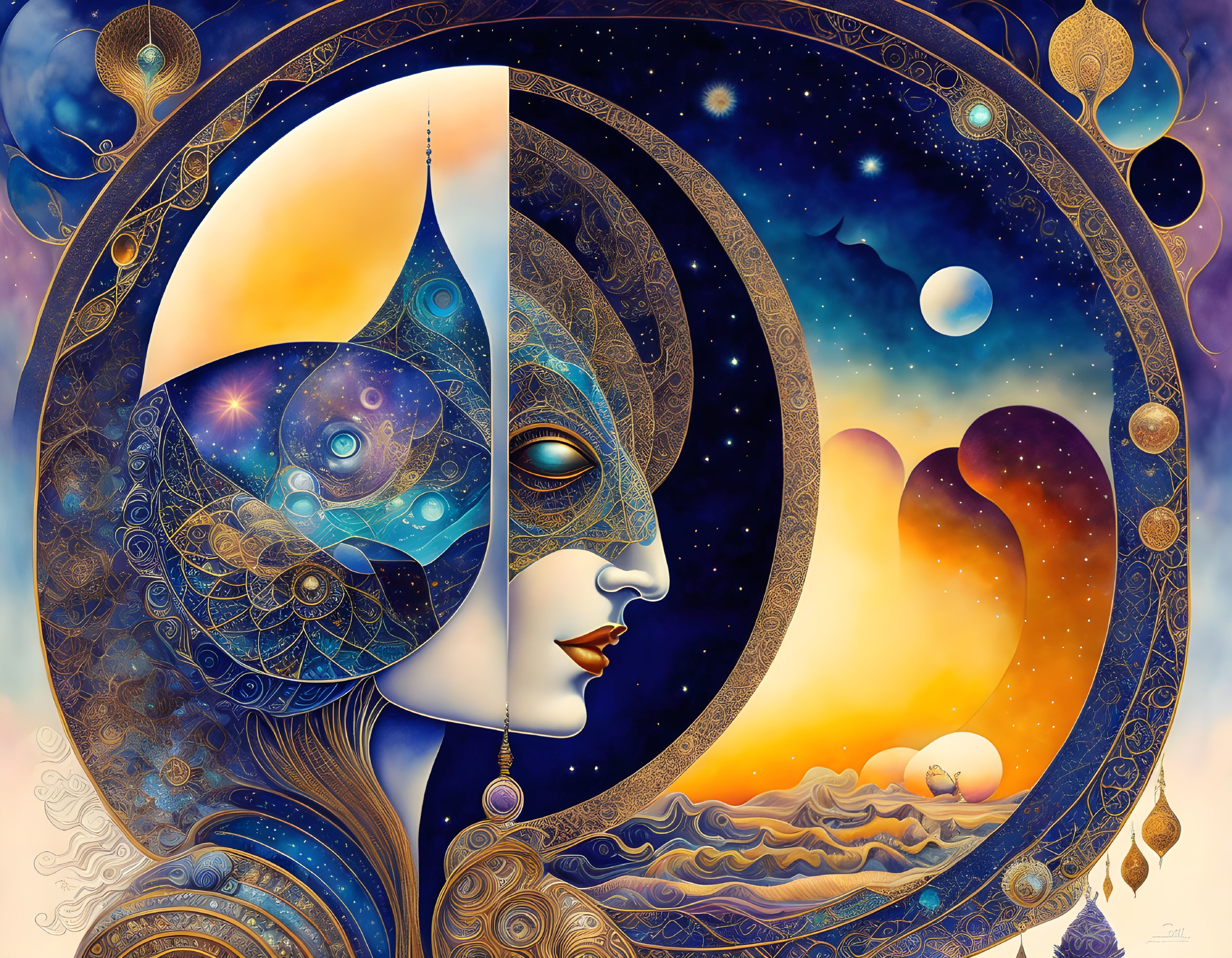 Psychedelic woman profile art with cosmic and natural elements