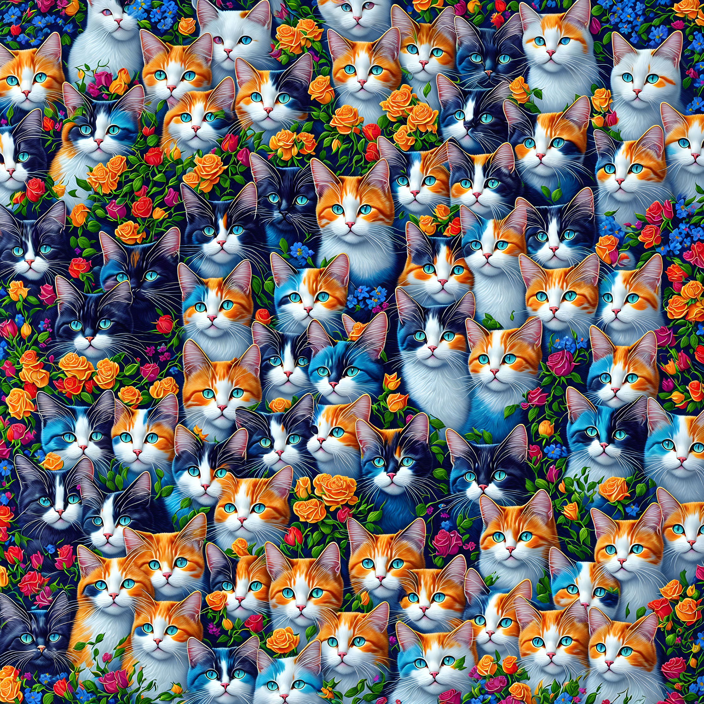 Colorful Cat Mosaic with Flower Surroundings