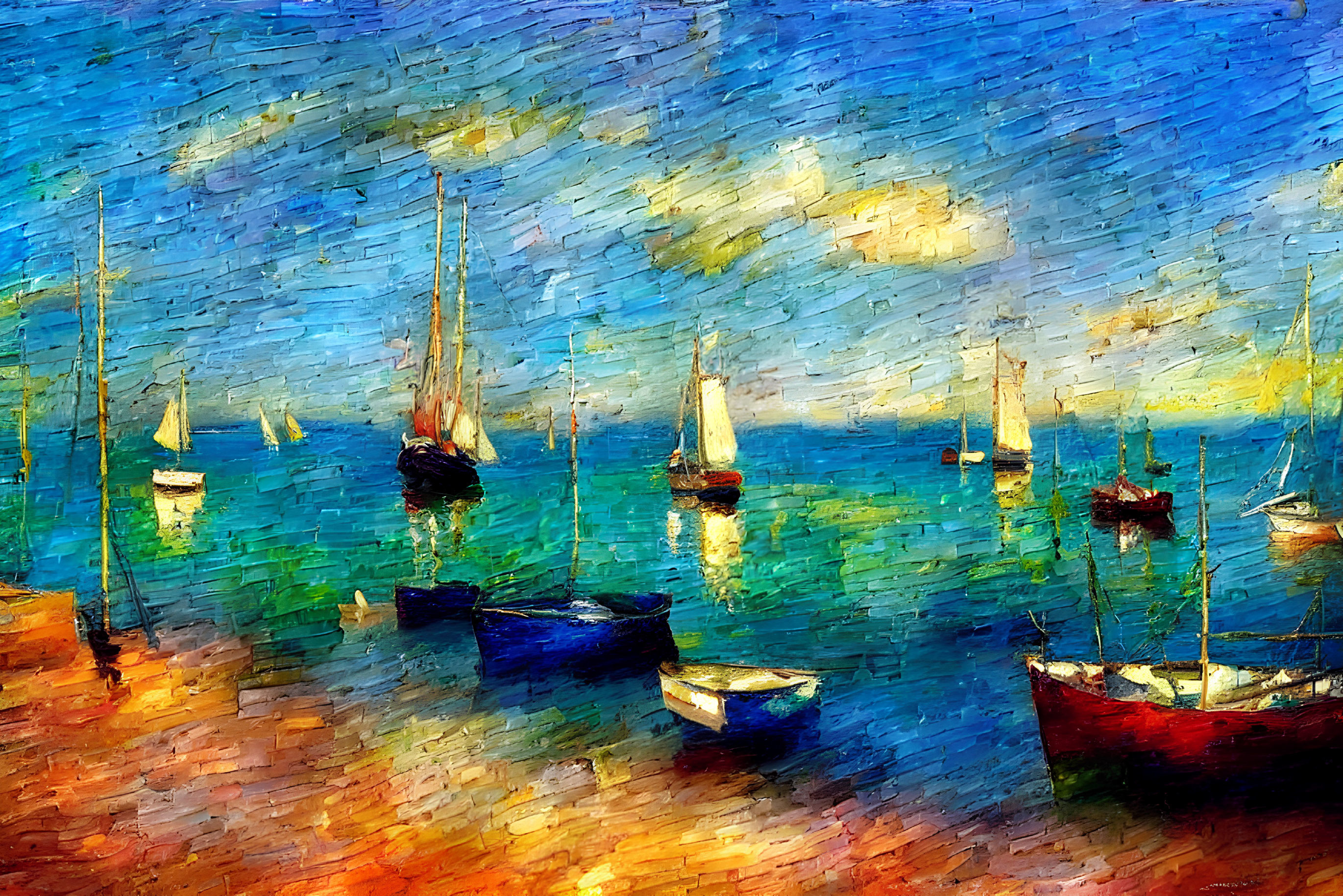 Sailboats on vibrant blue ocean at sunset in impressionist style