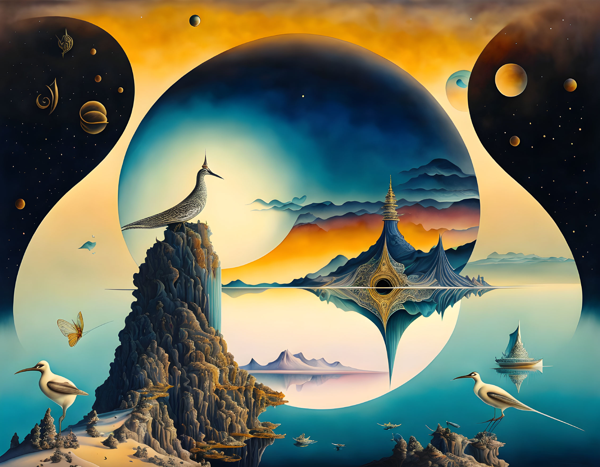 Fantastical landscape blending day and night with surreal elements, birds, planets, yin-yang