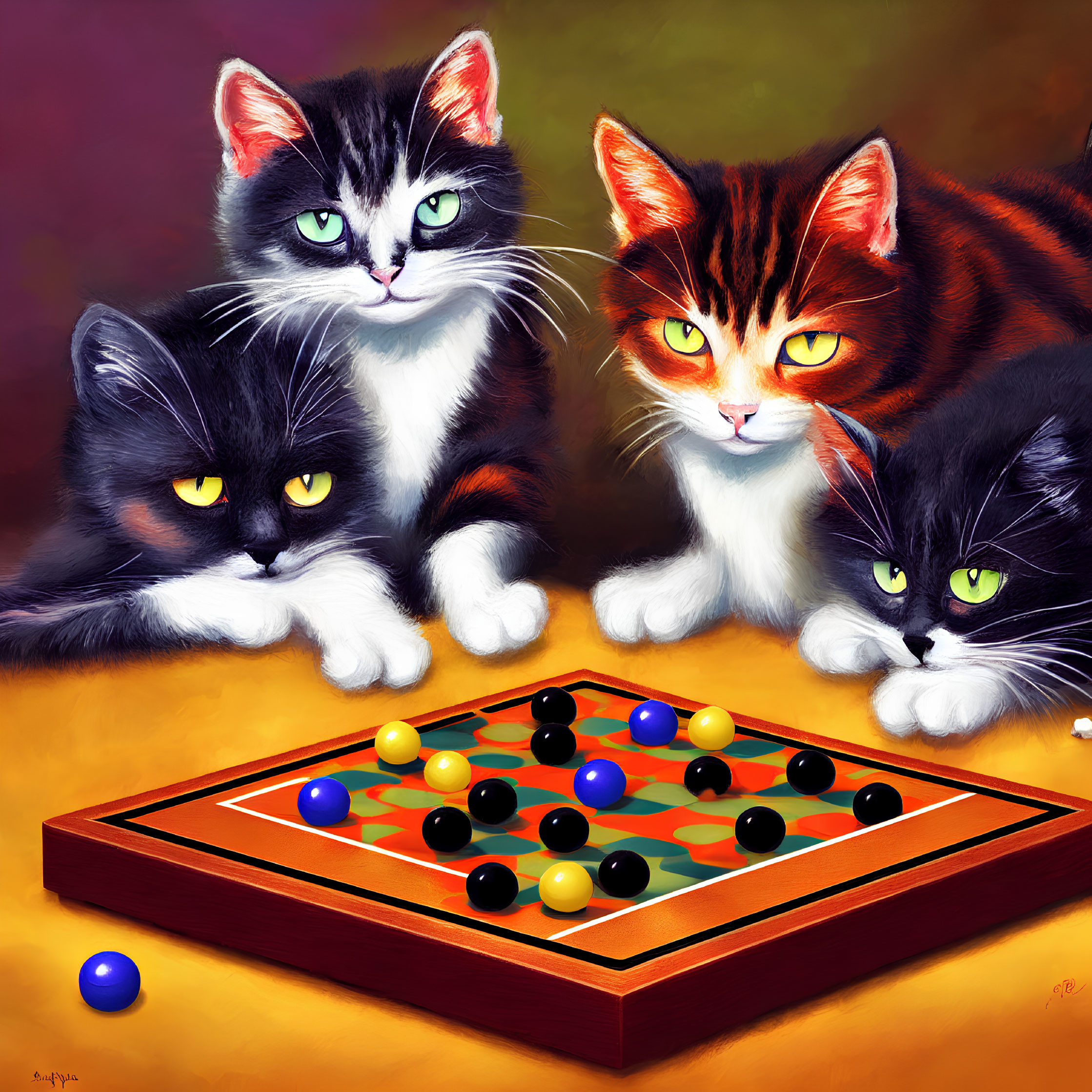 Four expressive animated cats playing Chinese checkers on a board.