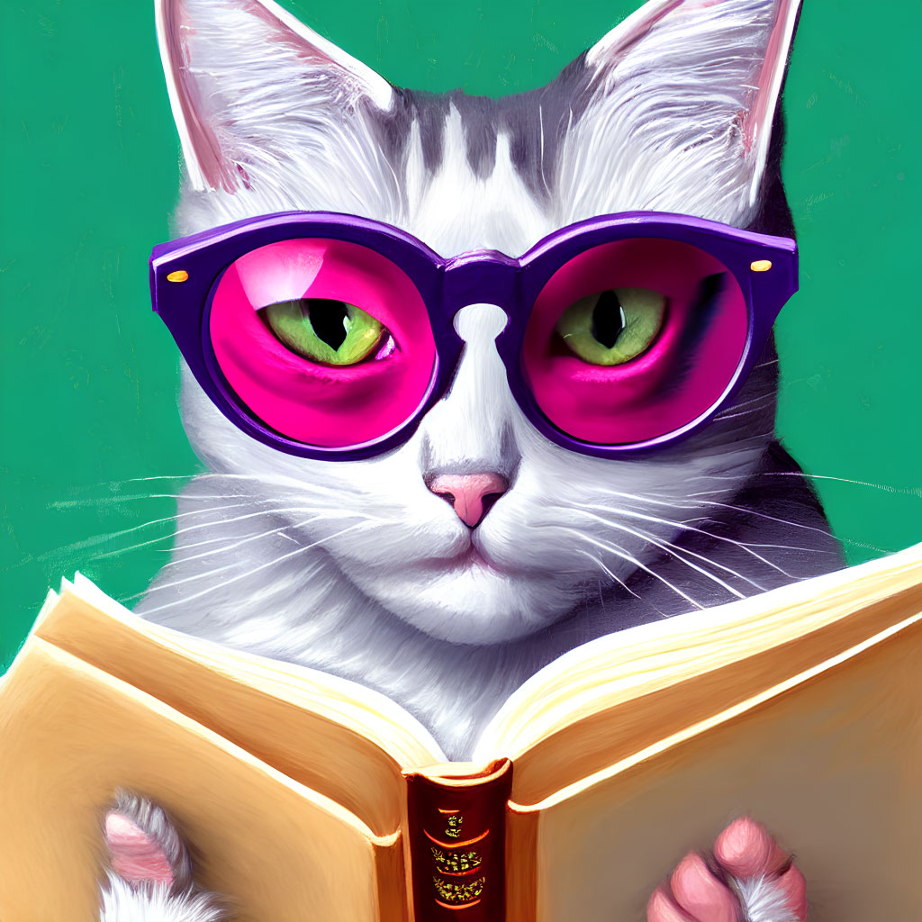 Illustrated Cat with Purple Sunglasses Reading Book