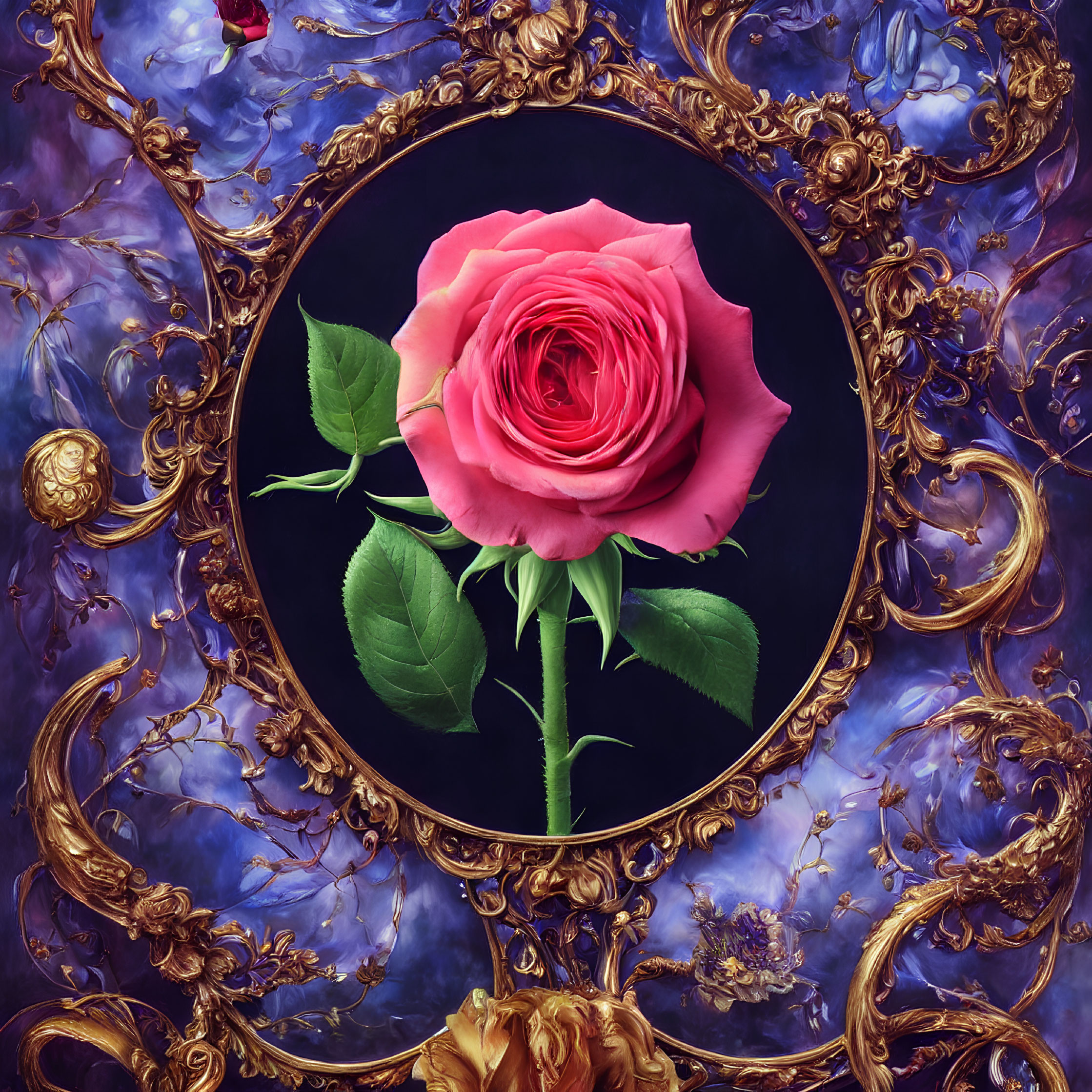 Pink rose in gold baroque frame on blue and purple backdrop