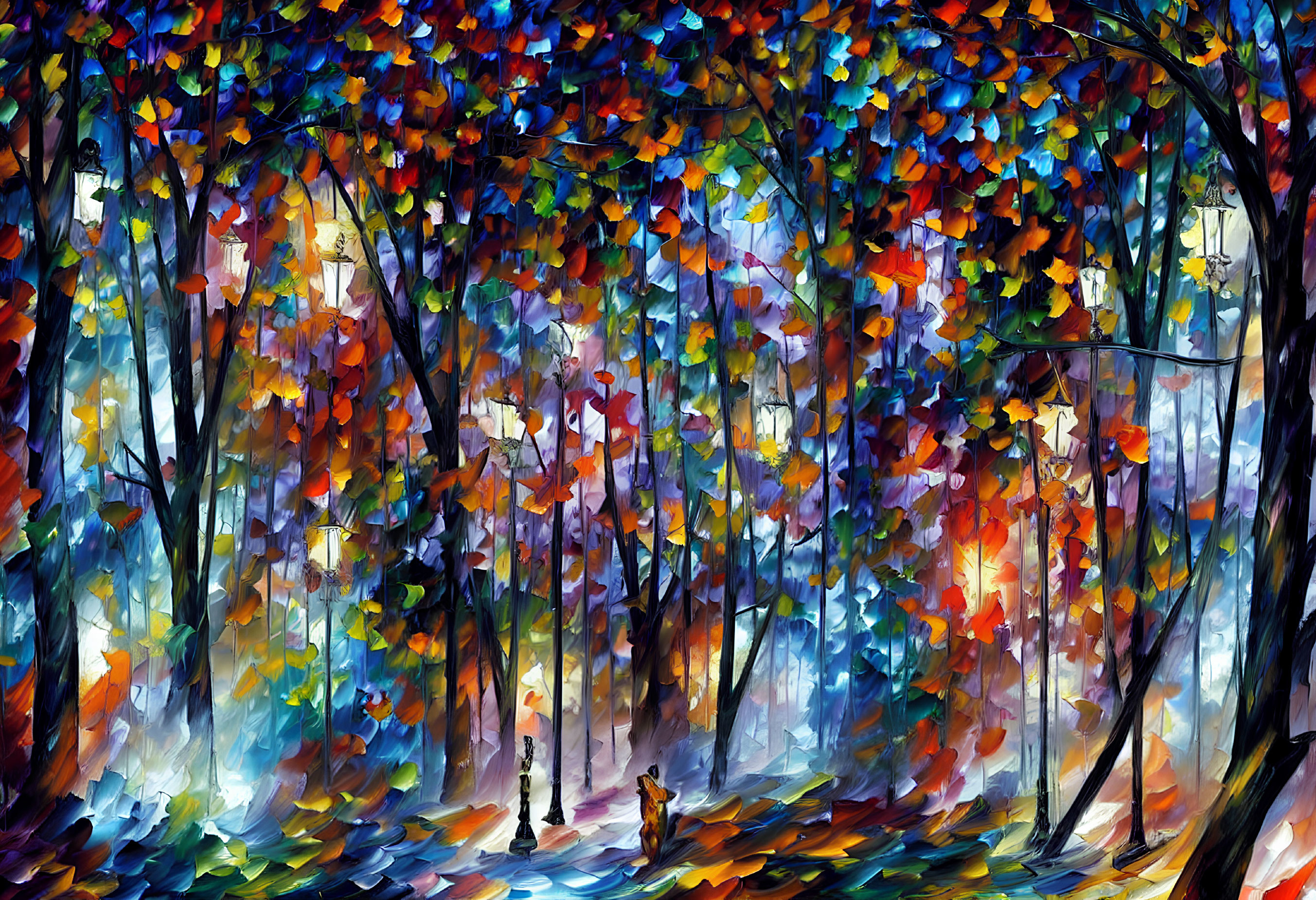 Colorful autumn forest painting with dynamic brush strokes