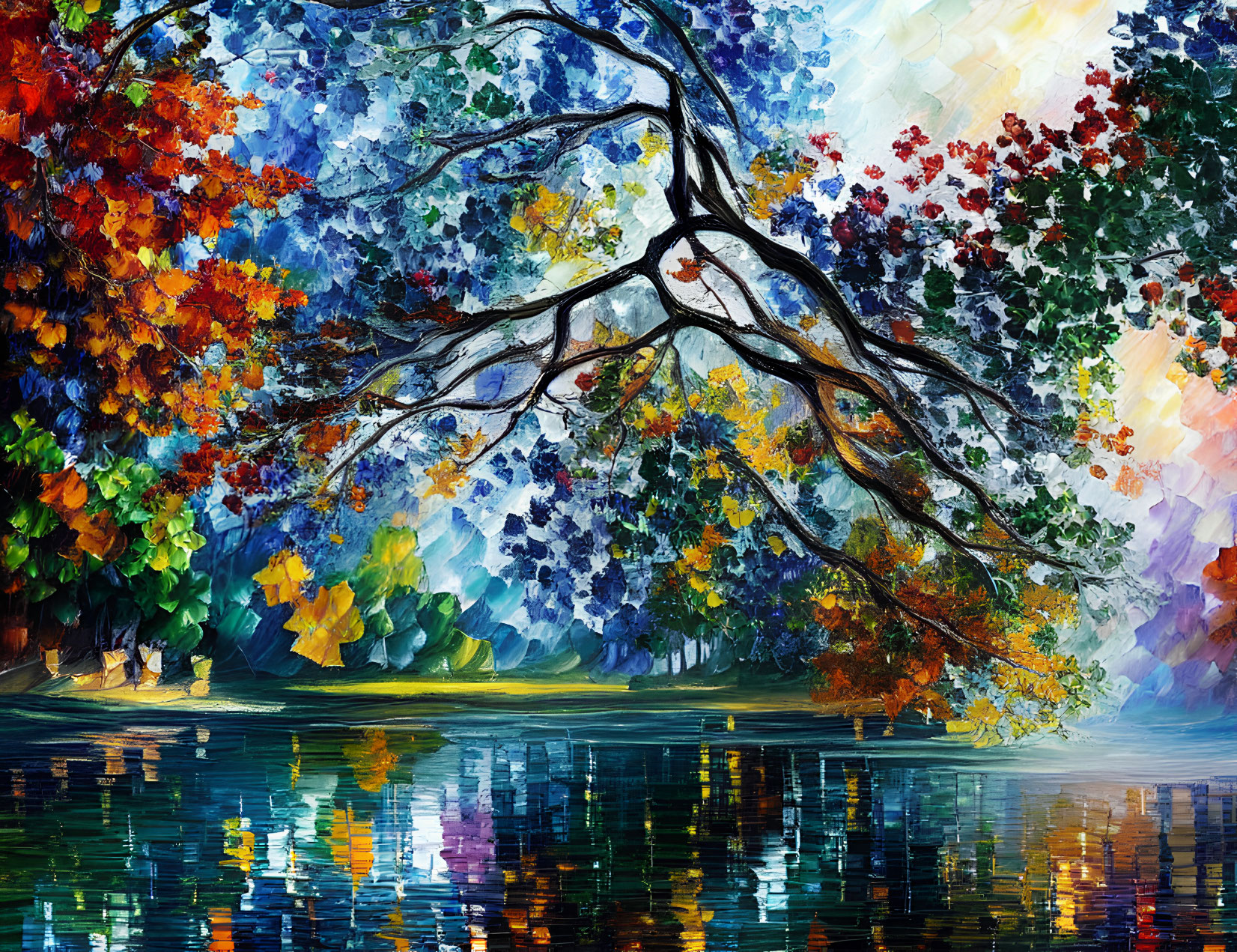 Vivid Autumn Tree Painting Reflecting on Tranquil Lake