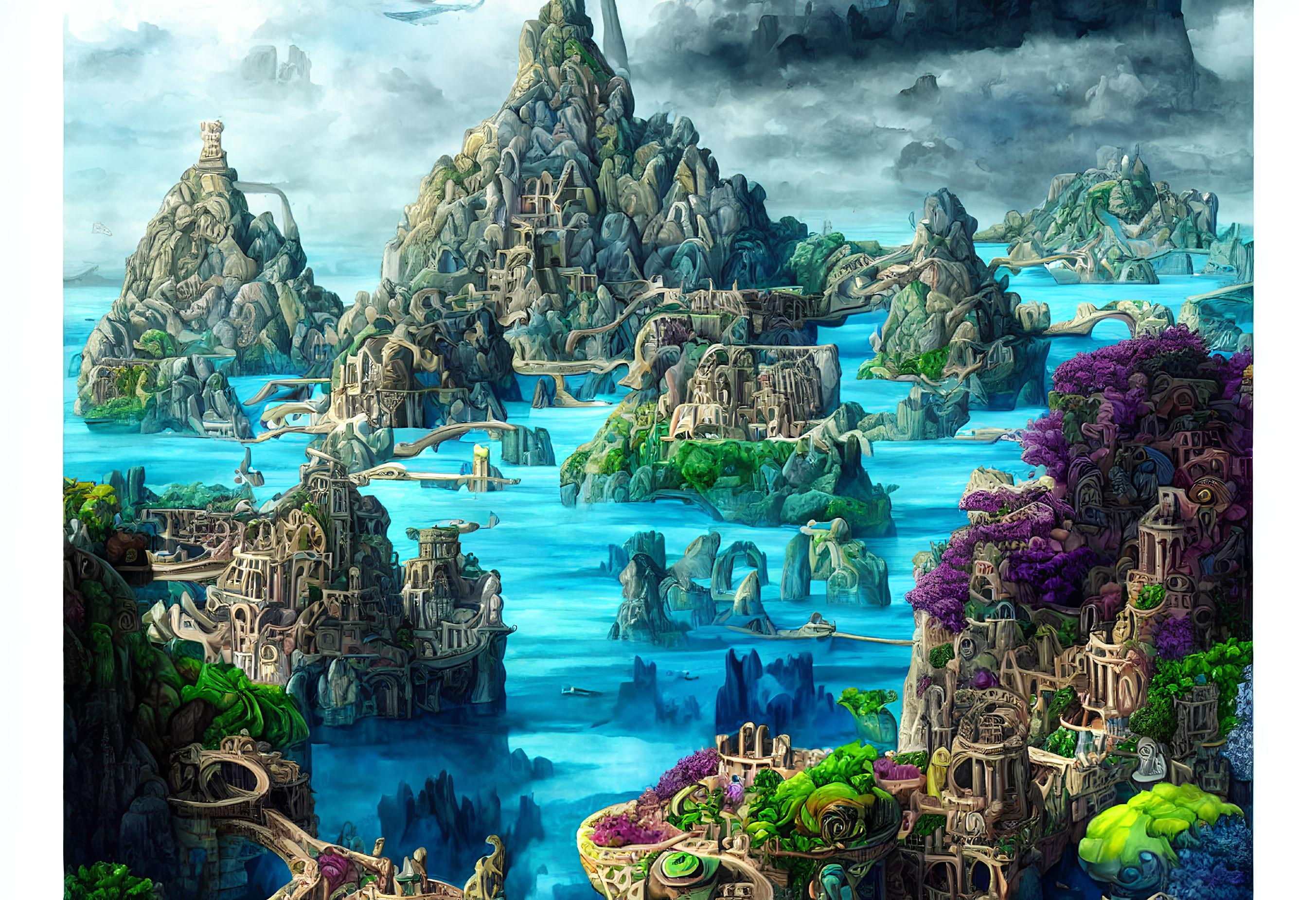 Detailed Fantasy Landscape with Mountains, Waterfalls, Bridges, and City Structures