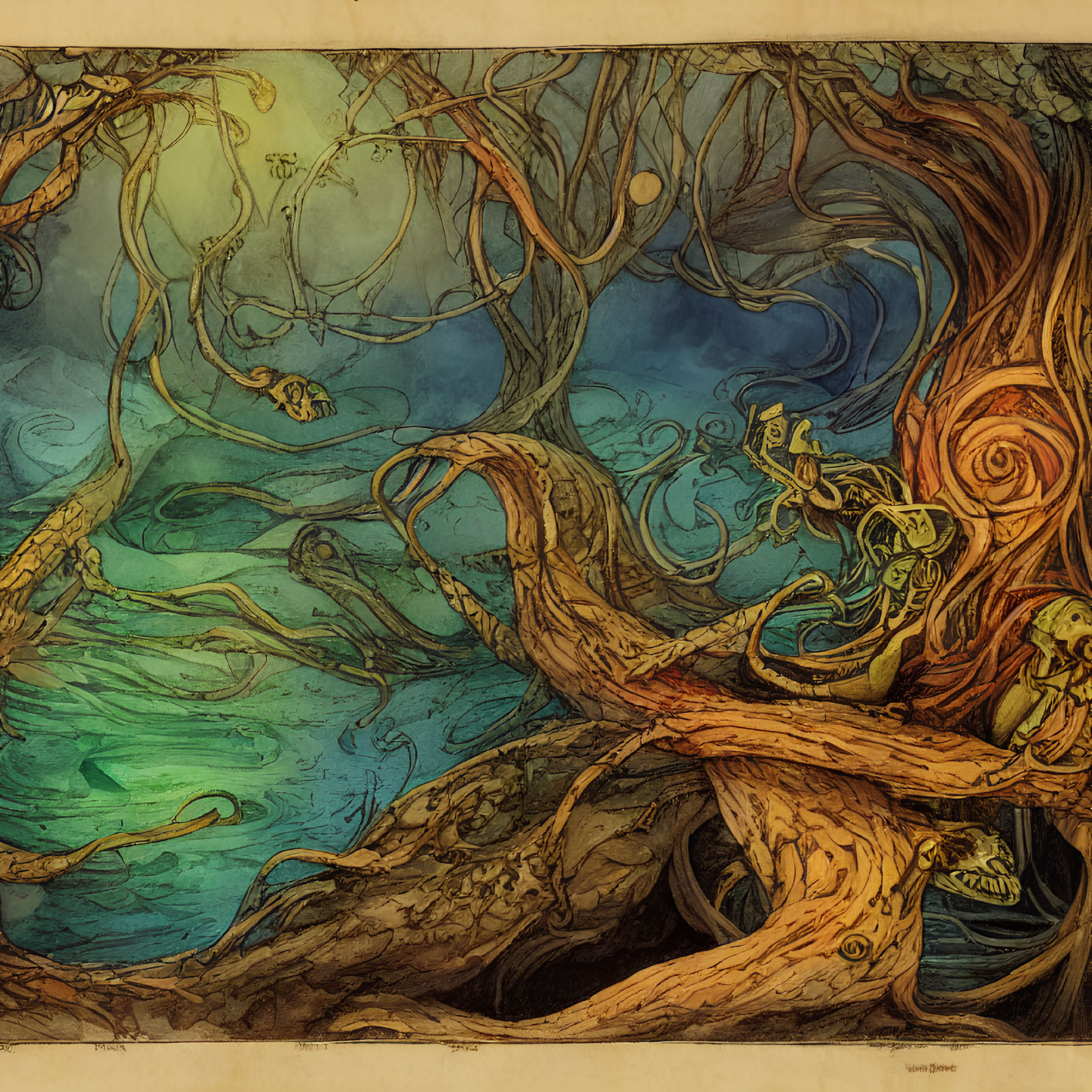 Detailed Illustration of Twisted Trees in Fantasy Woodland