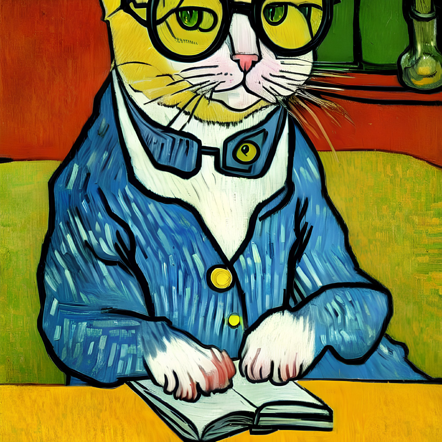 Colorful cat in suit and glasses reading at table in Van Gogh style