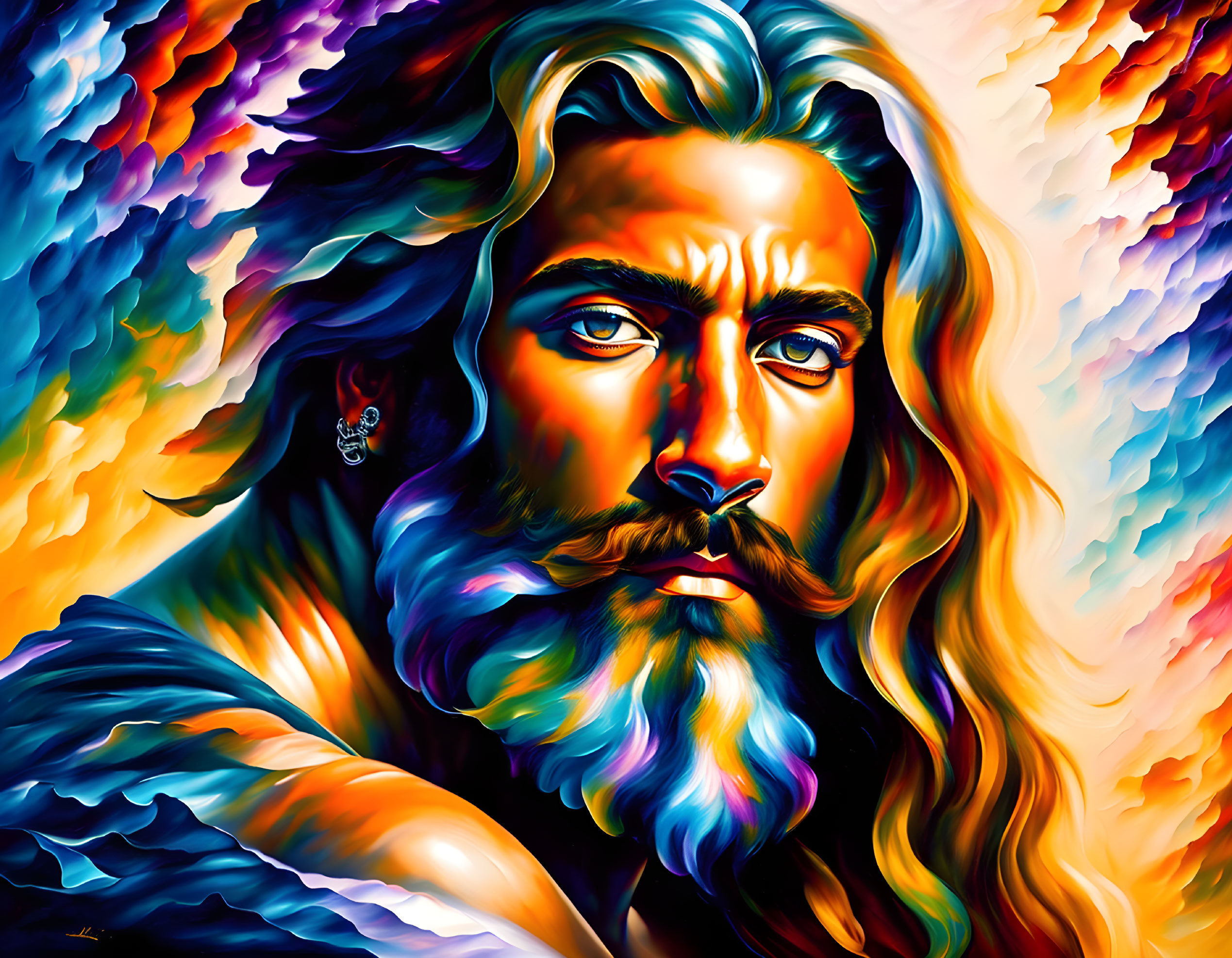 Colorful digital painting of a man with flowing beard and blue eyes in dynamic setting.