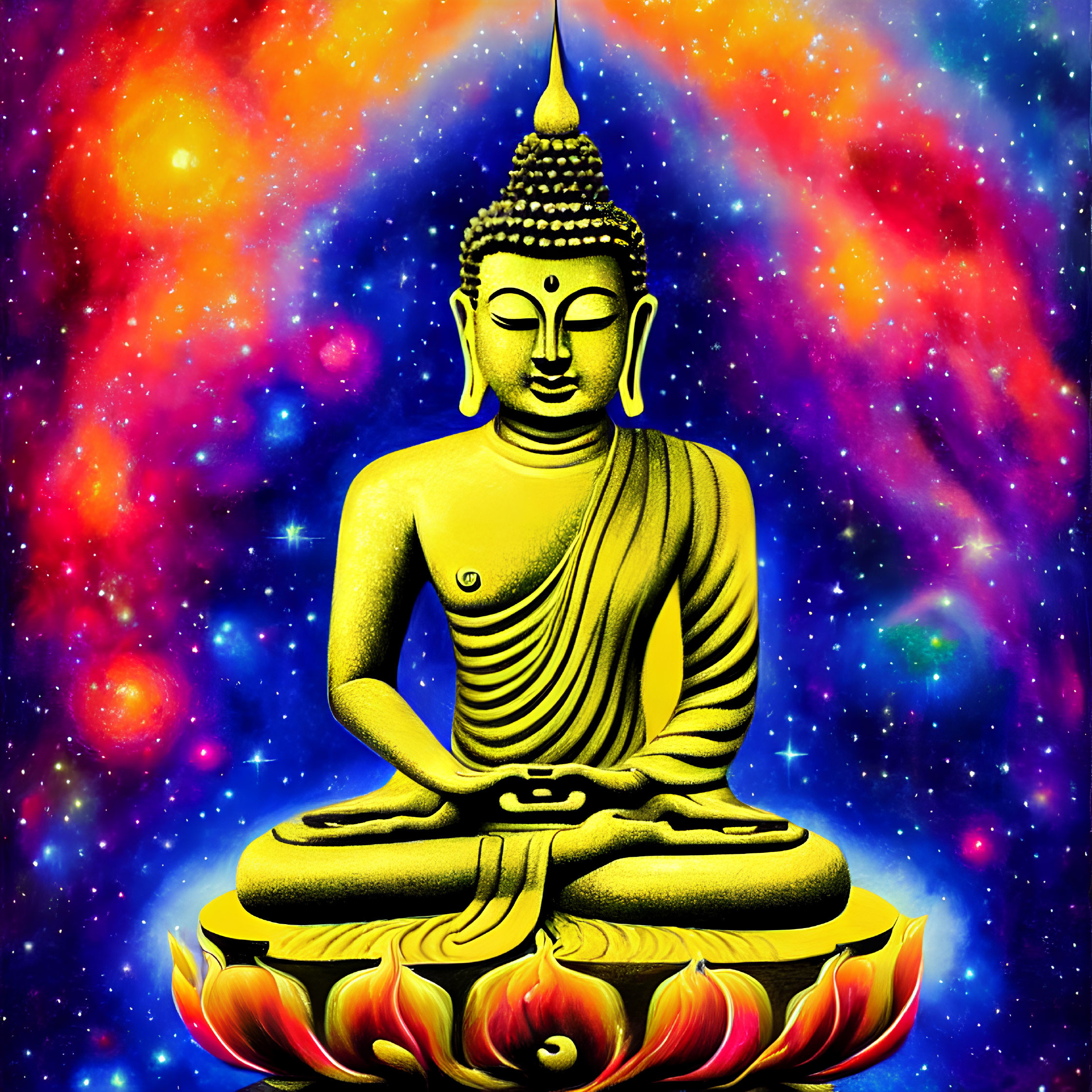 Golden Buddha Statue Meditating on Lotus with Cosmic Starry Background