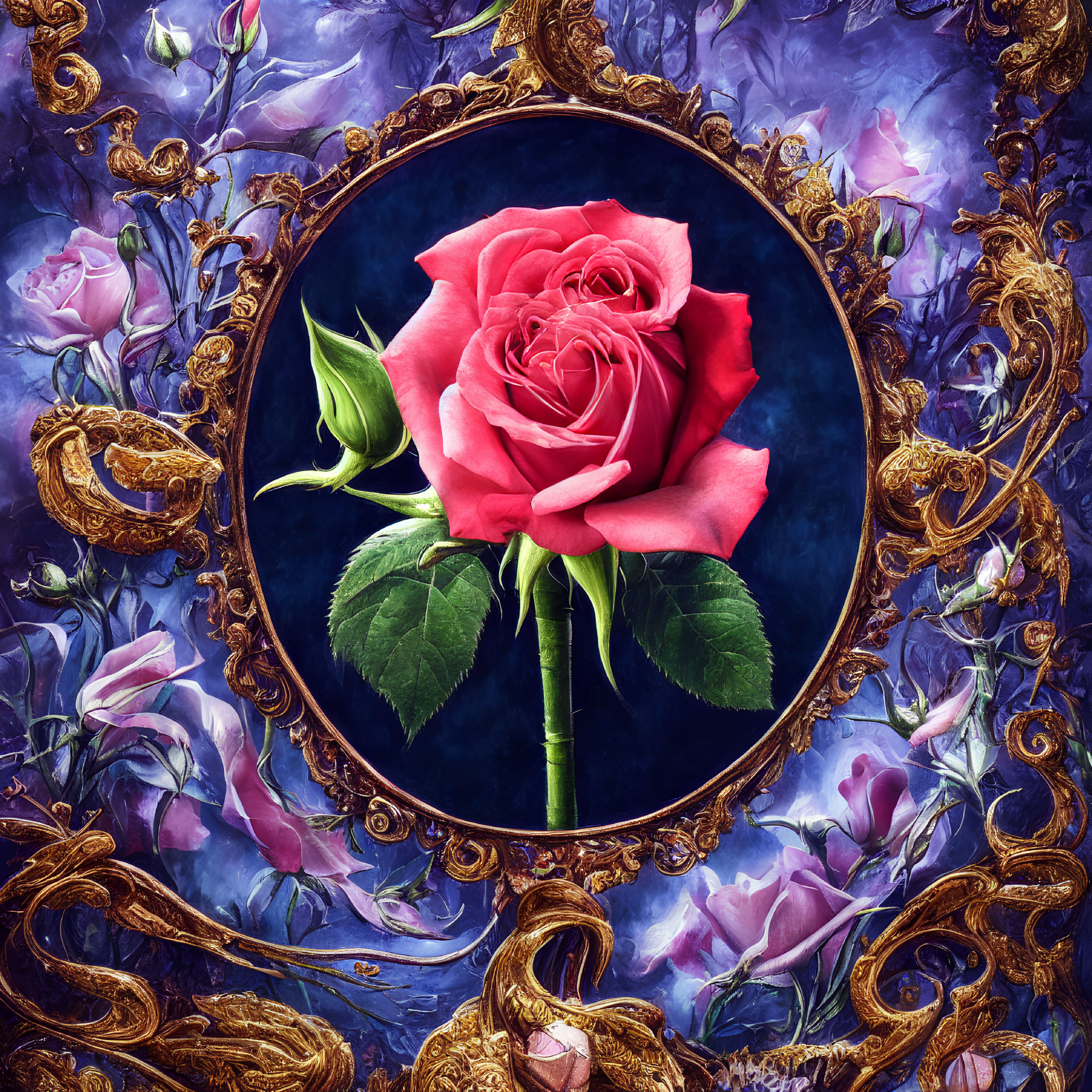 Pink rose in golden mirror surrounded by purple roses.