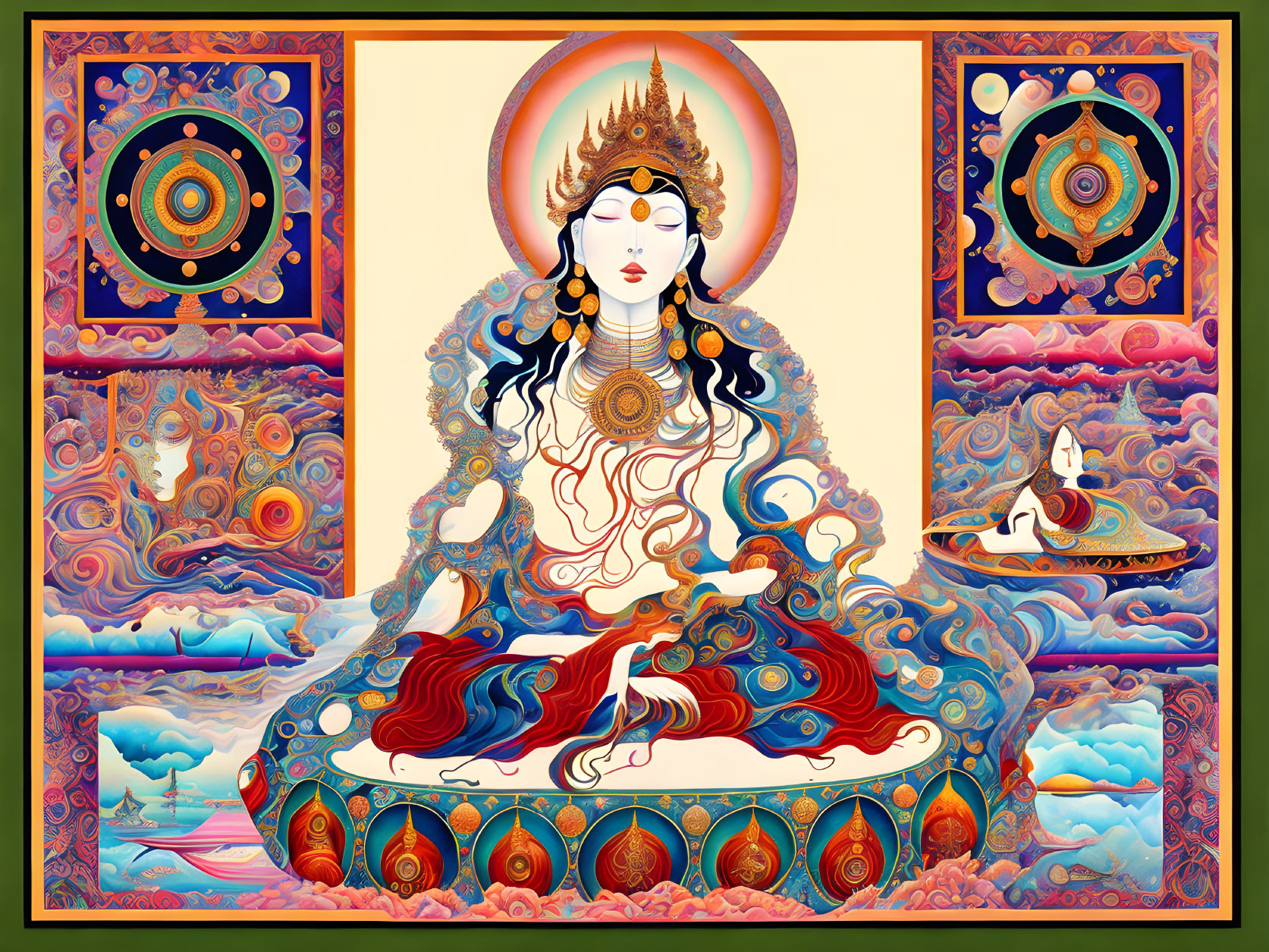 Colorful Deity Meditating Among Ornate Patterns