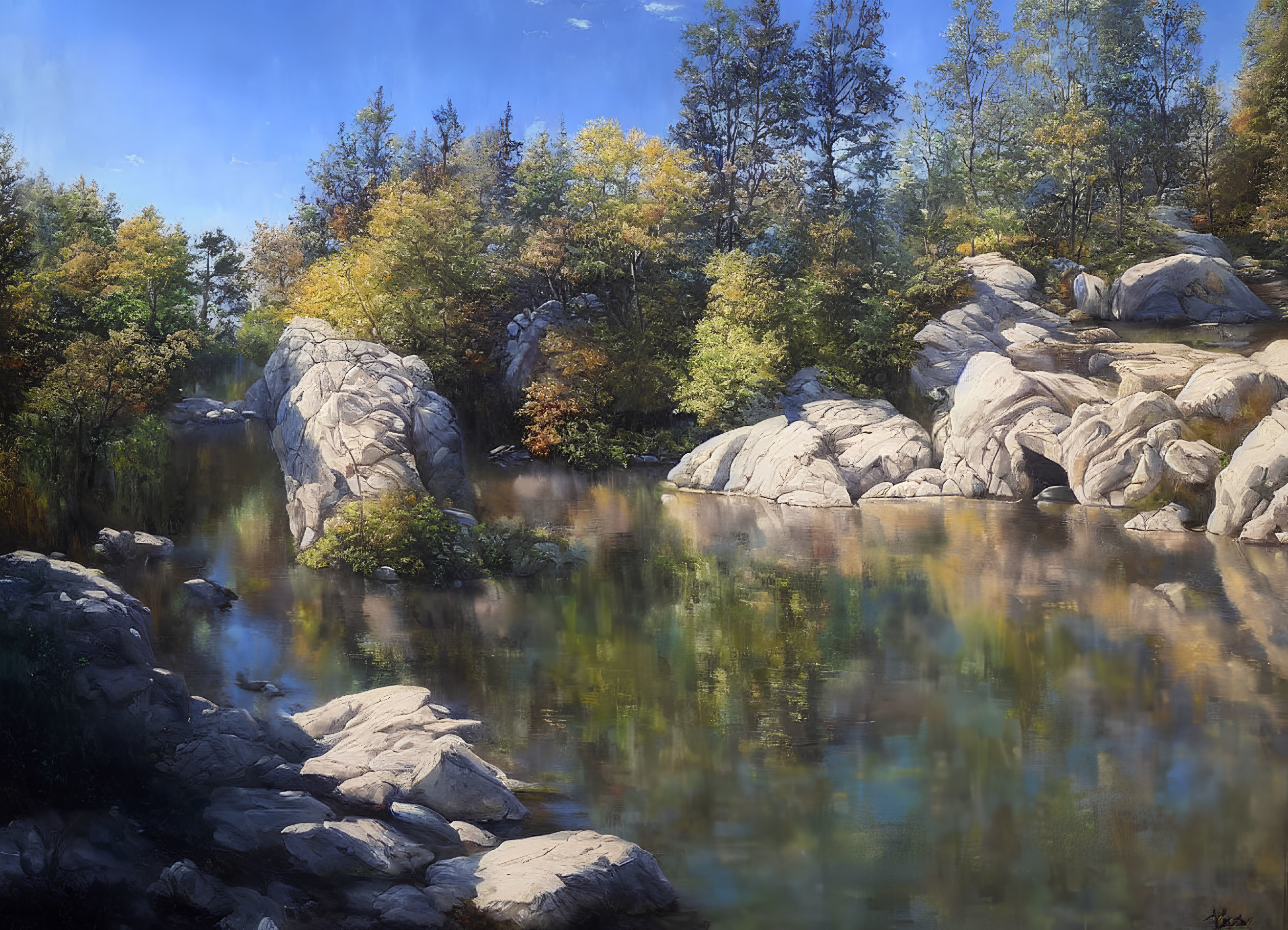 Tranquil forest scene with glassy river and autumn trees reflected.