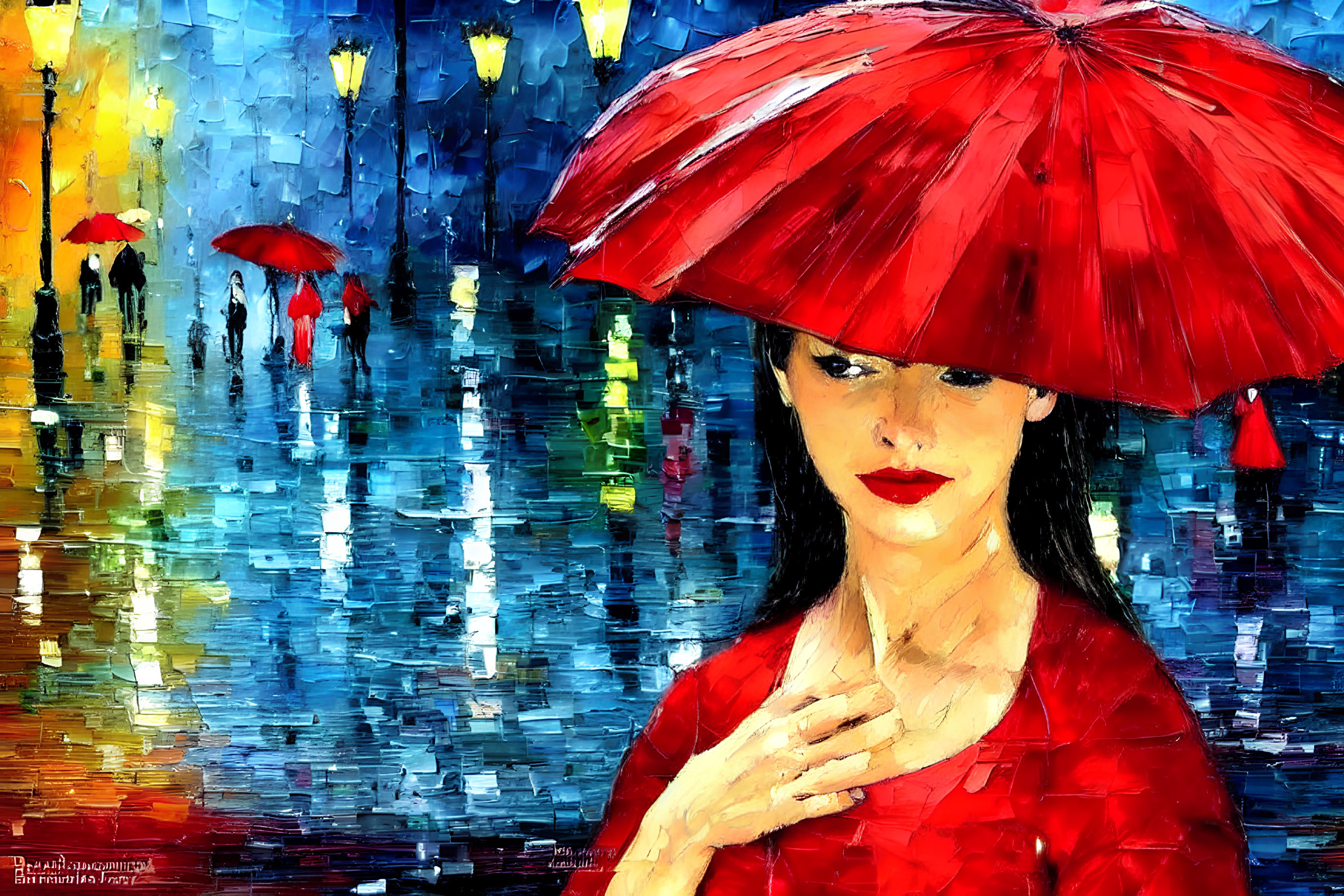 Vivid oil painting of woman with red umbrella on rainy street