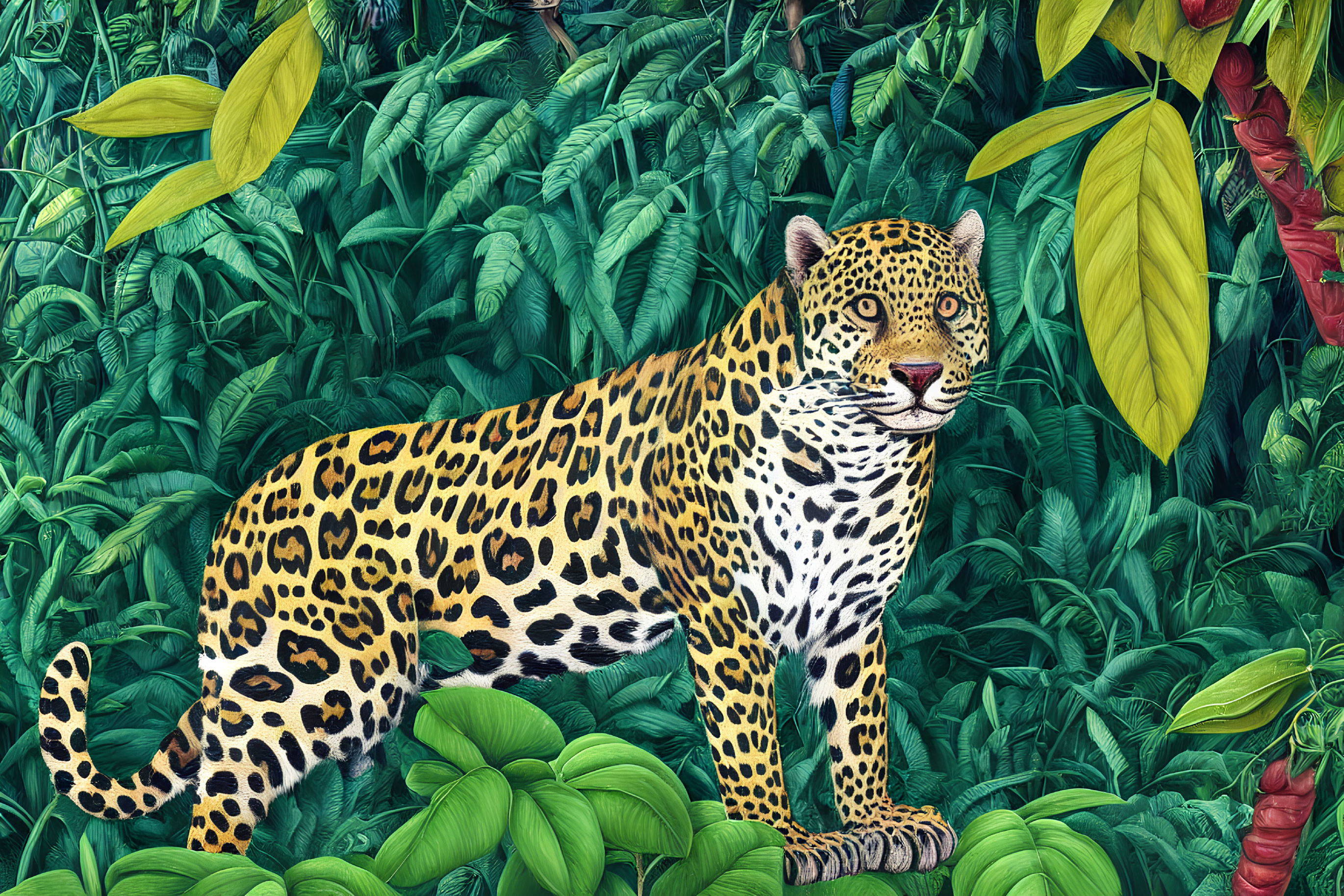 Spotted Jaguar in Lush Green Jungle Foliage