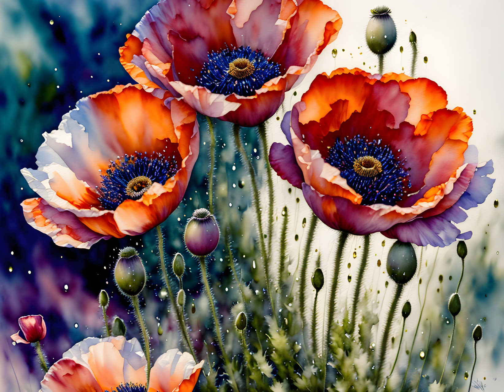 Colorful Poppy Flowers with Water Droplets on Blurry Background