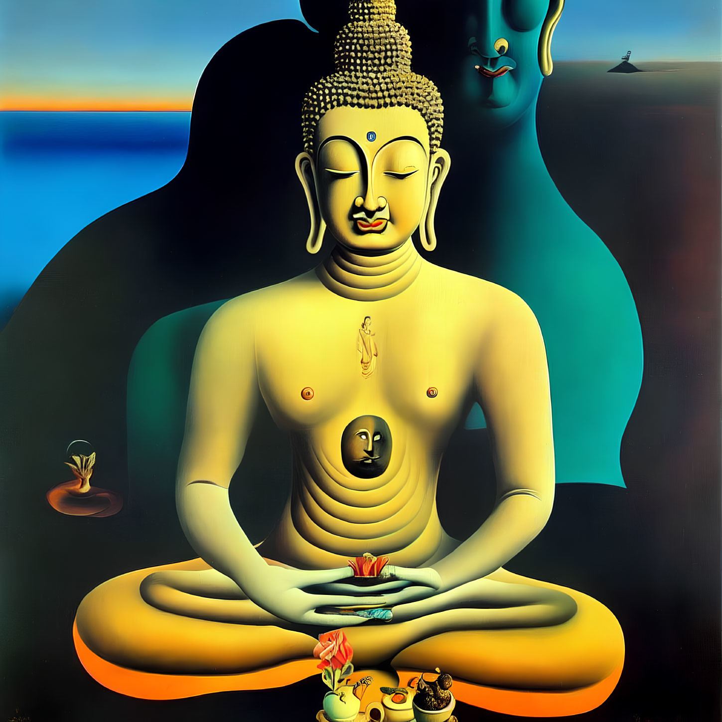 Surreal painting of golden Buddha meditating with blue face and flowers