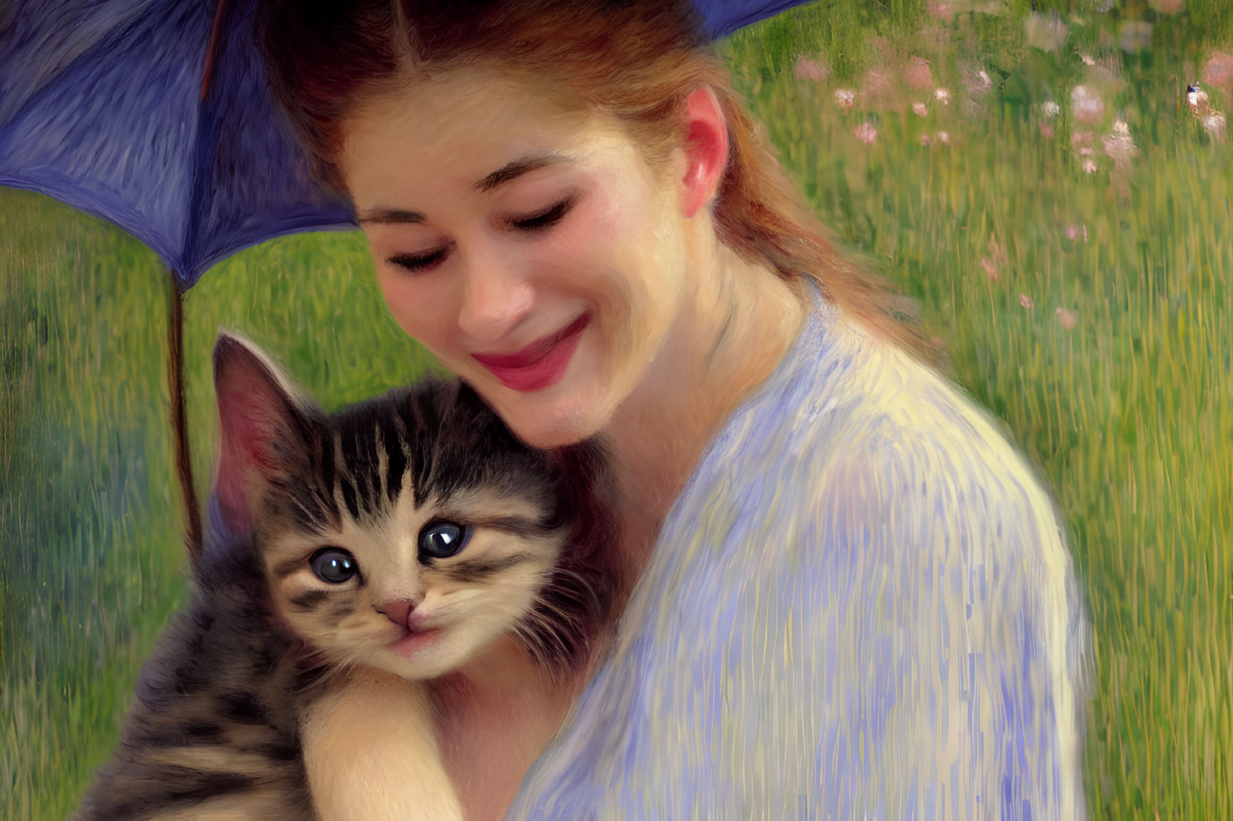 Smiling woman with kitten under blue umbrella in flower meadow