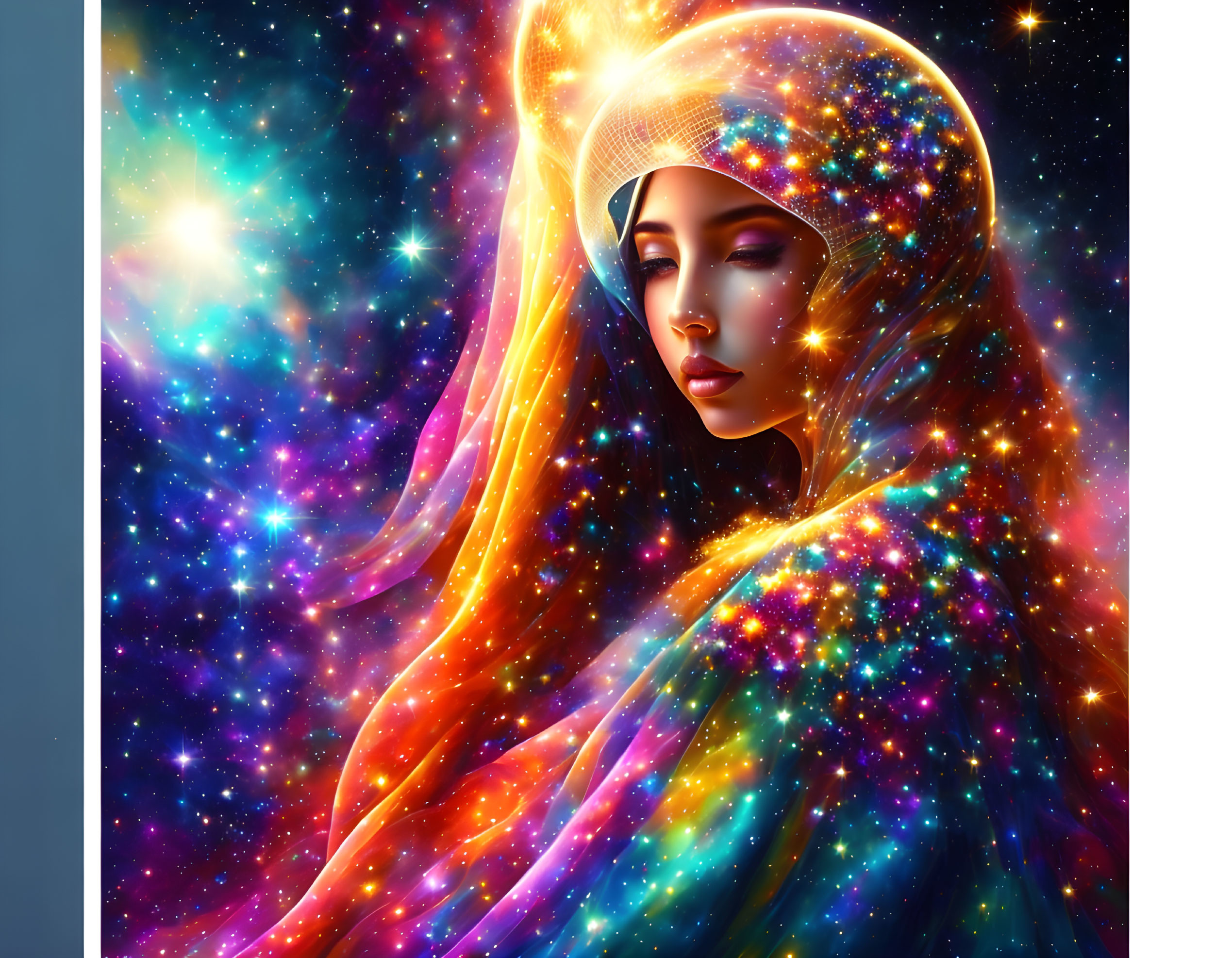 Woman in vibrant star-filled cosmic cloak against galaxy backdrop