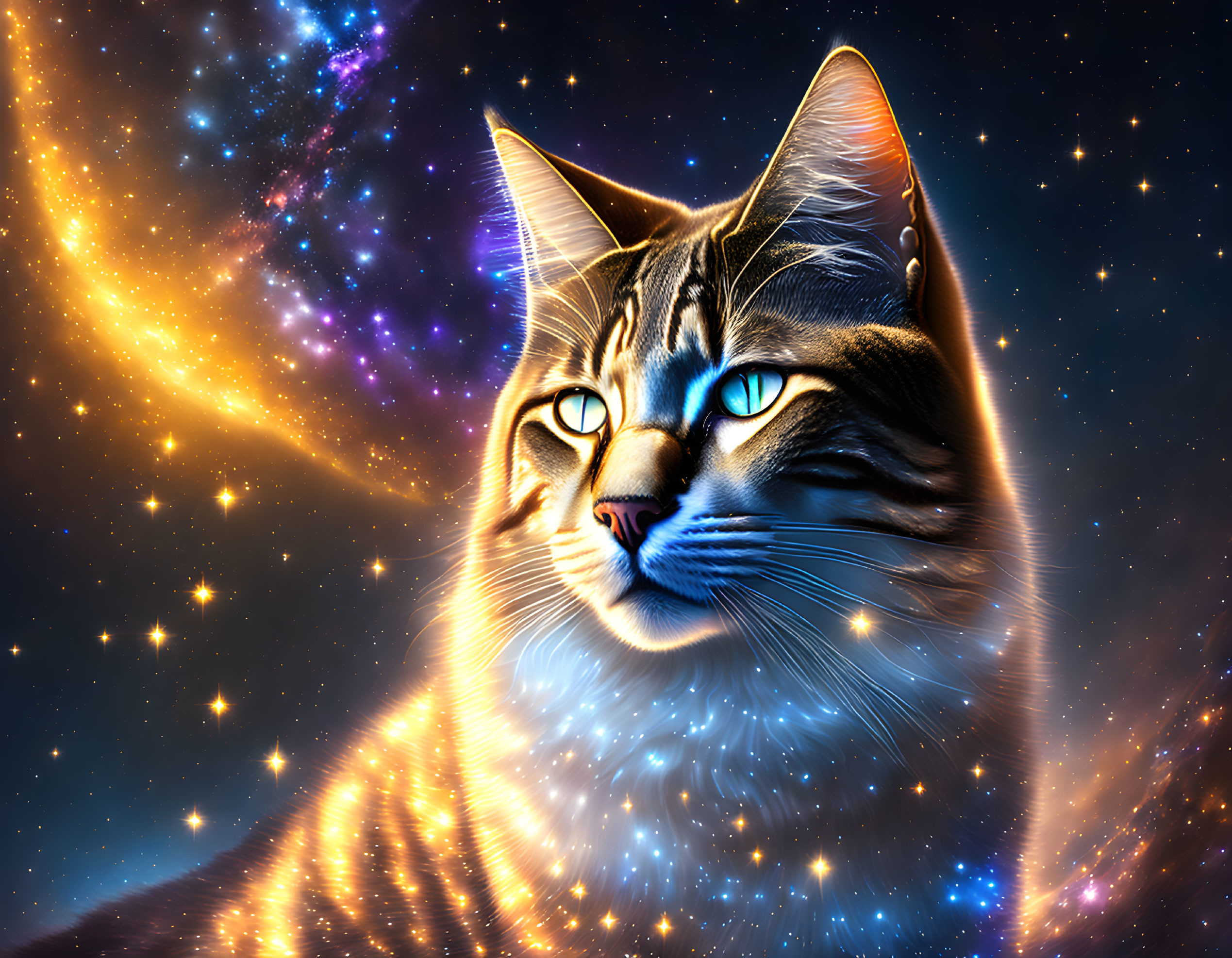 Blue-eyed cosmic cat blending with starry galaxy background