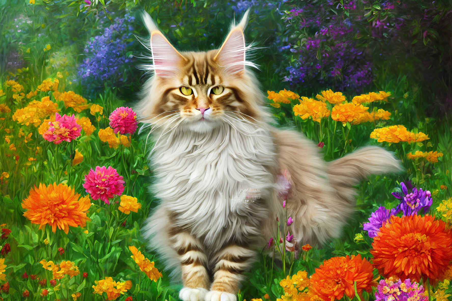 Long-Haired Cat with Amber Eyes Surrounded by Colorful Blooming Garden